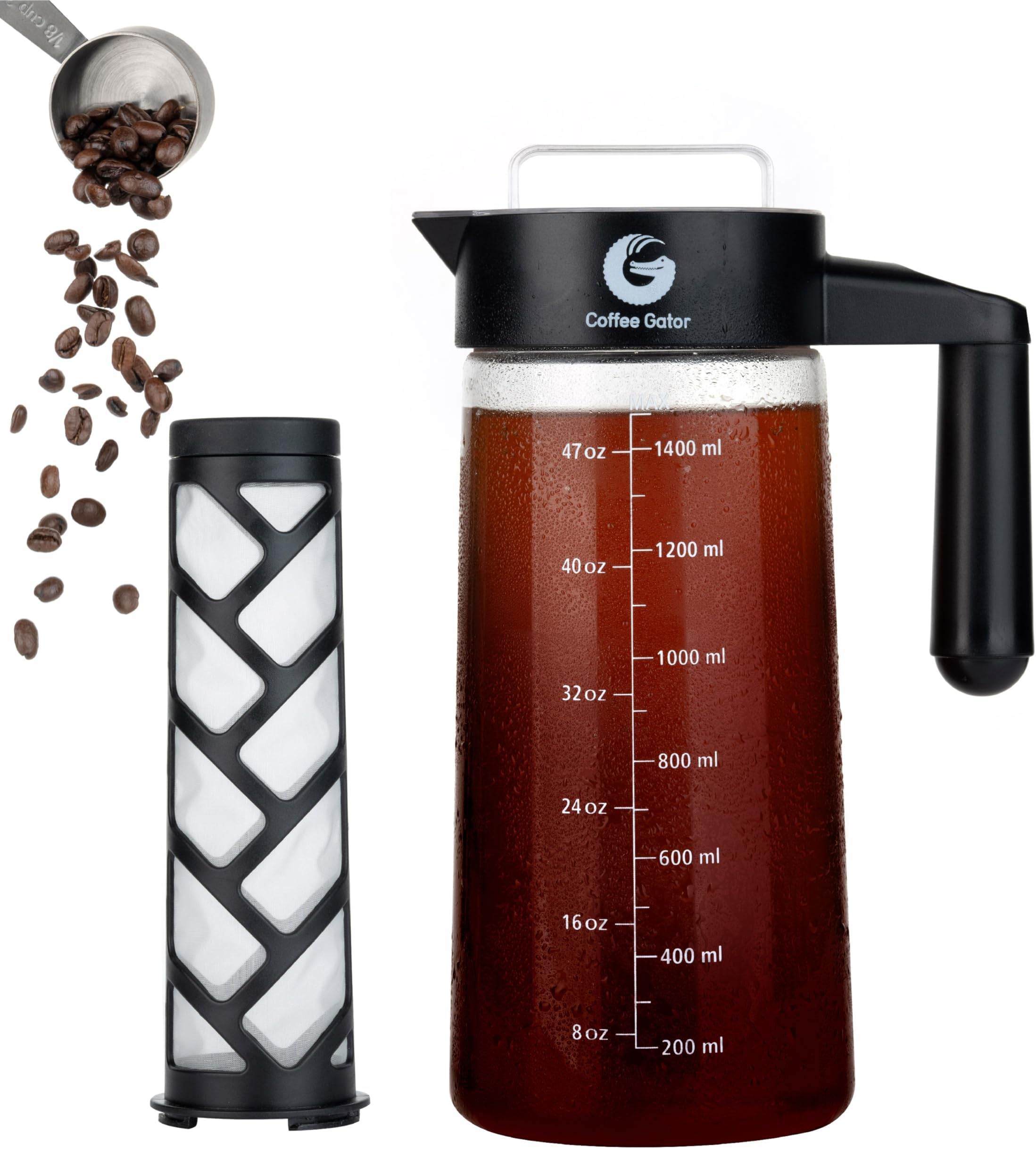 Cold Brew Coffee Maker - 47 oz Iced Tea and Cold Brew Maker and Pitcher w/Glass Carafe, Filter, Funnel & Measuring Scoop - Black