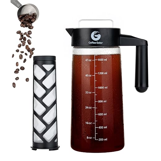 Coffee Gator Cold Brew Coffee Maker - 47 oz Iced Tea and Cold Brew Maker and Pitcher w/Glass Carafe, Filter, Funnel & Measuring Scoop - Black