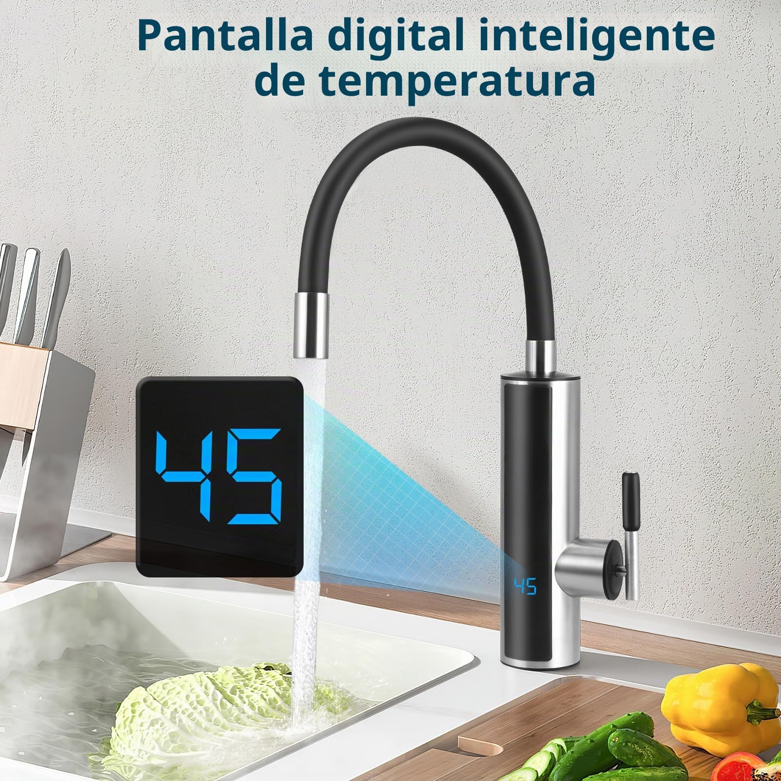 Calentador de Agua Electrico Instantaneo, 3000 W Grifo de Cocina con Indicador de Temperatura LCD, 360° Flexible Rotación, para Cocina Jardín Baño