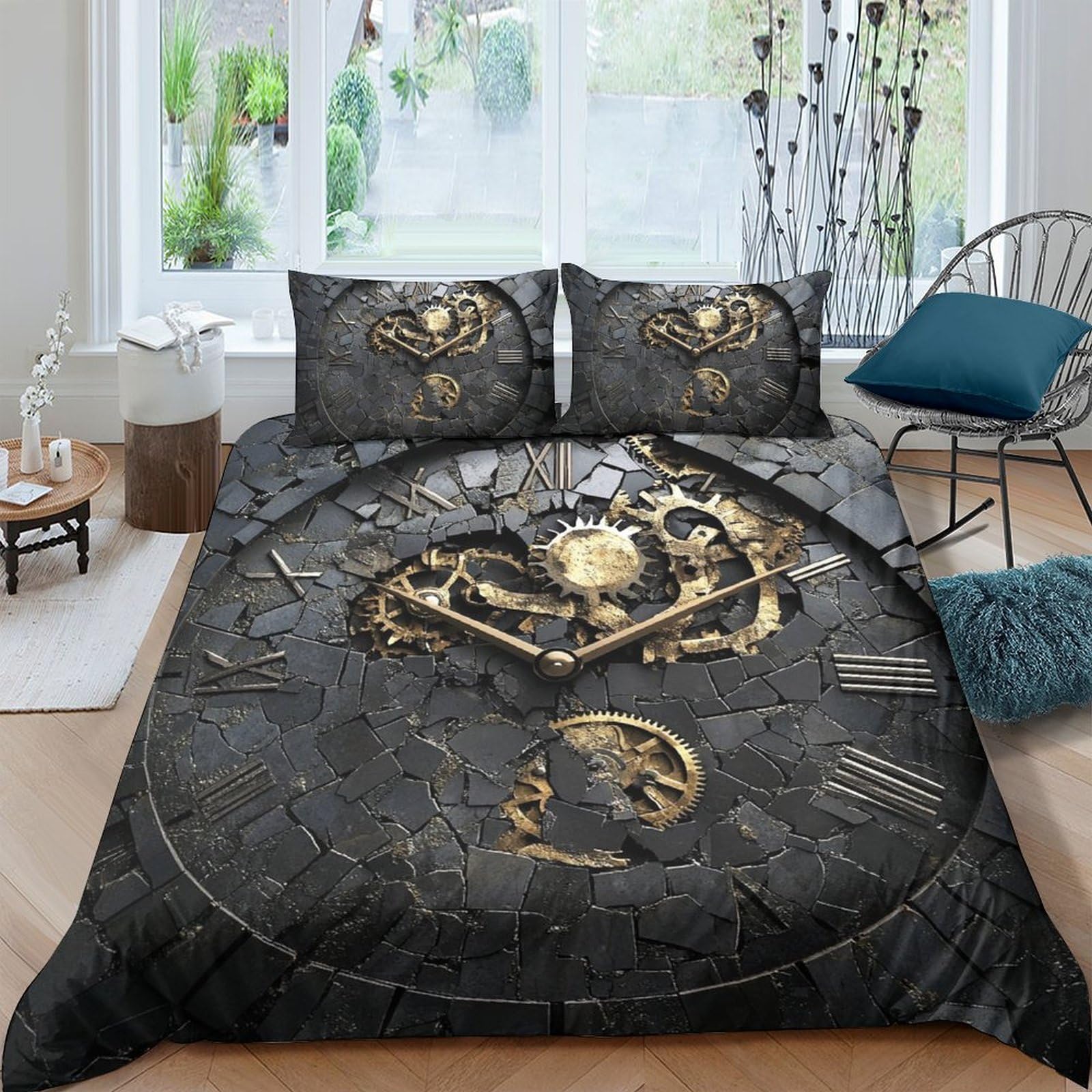 Ctjqhvkz Style-7 3D Printed Steampunk Mechanical Heart Fitted Sheet Microfiber Black Gold Clockwork Mattress Cover Bedroom Decor Single（135X200cm）