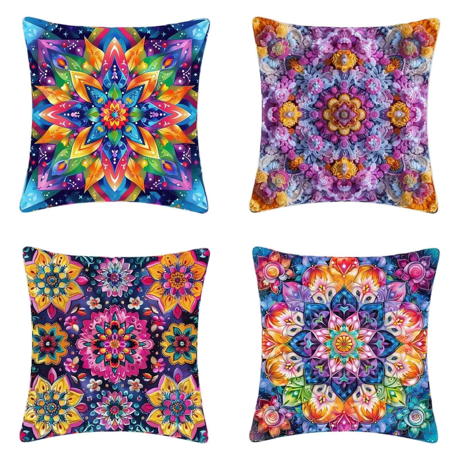 Taie d'oreiller de jardin lot de 4 mandala 40x40 cm, idée cadeau décoration lin