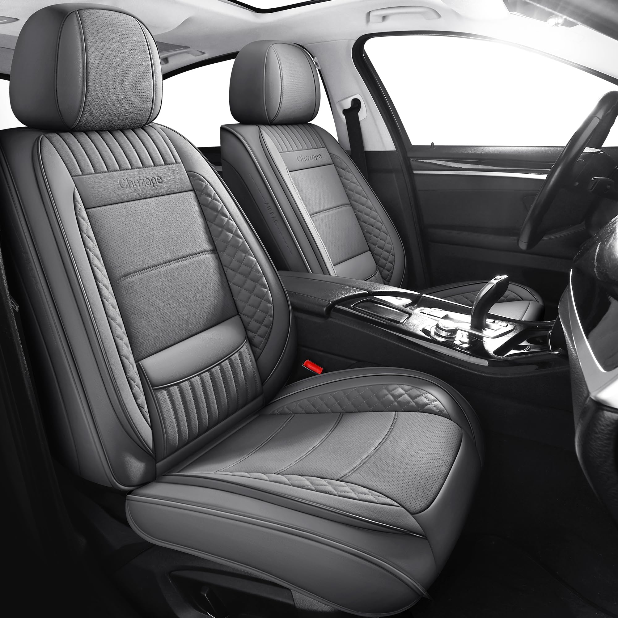 Chezope Car Seat Covers Full Set Universal Fit for Most Cars SUV Sedans Trucks Leather Car Seat Cushion Automotive Seat Cover Accessories Waterproof Leatherette Car Seat Cushion Covers Gray