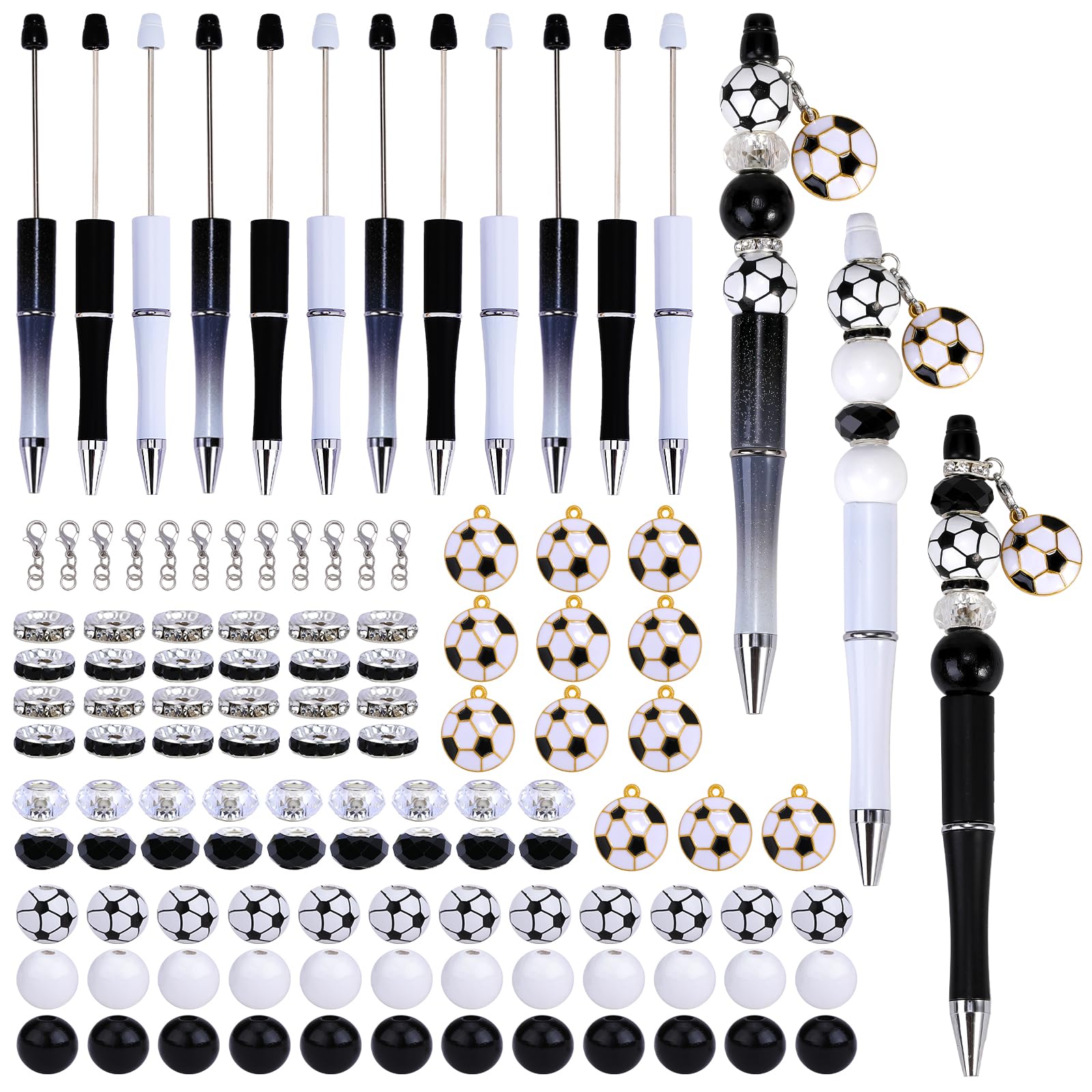 WEWAYSMILE 12 Pcs Bead Pen Bulk DIY Beaded Pens Football Pendant DIY Black Ink Beadable Pens Kit Gift for Students Office School Supplies