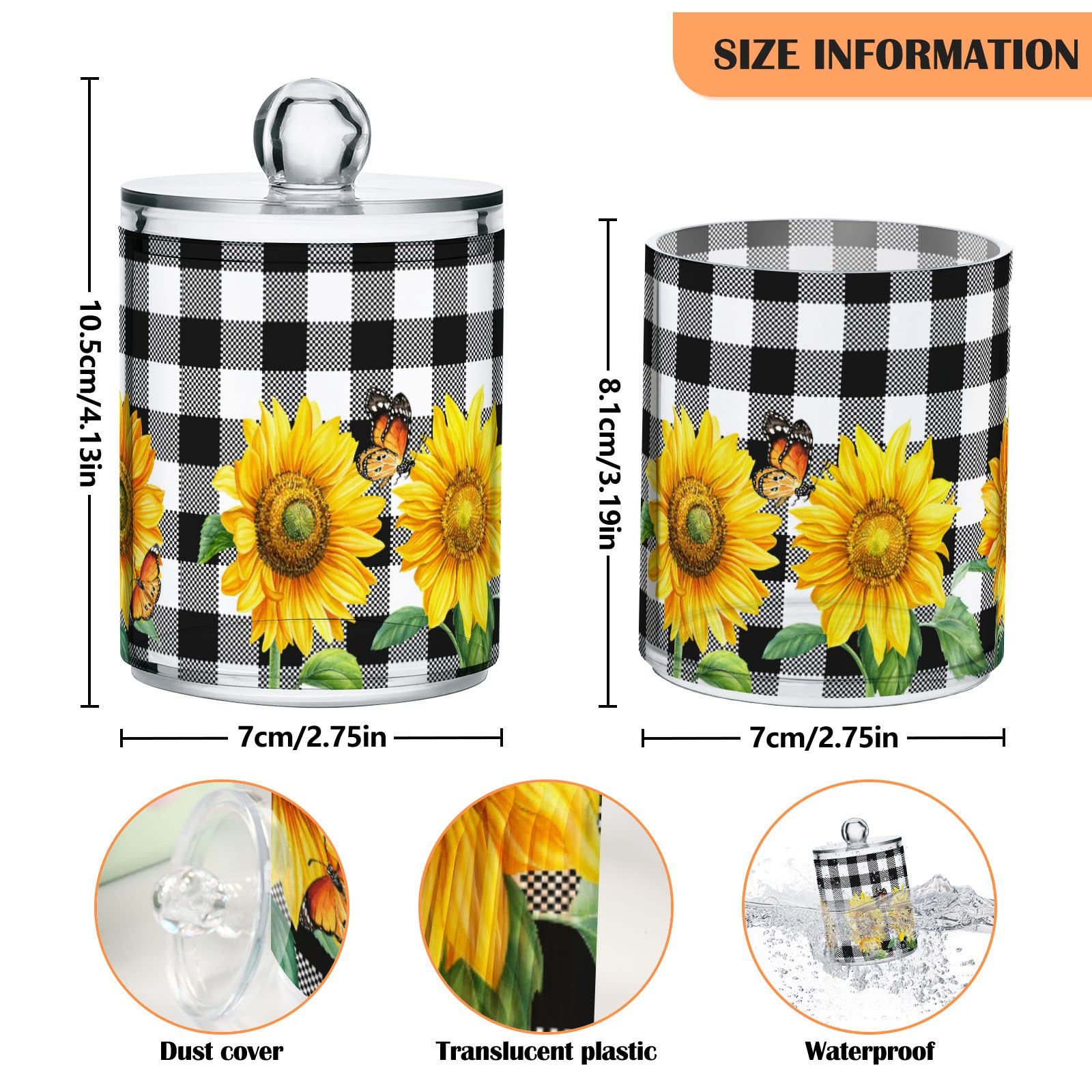 Sunflowers Buffalo Plaid Qtip Dispenser Apothecary Jars Autumn Fall Yellow Floral Qtips Holder Bathroom Storage Canister Plastic Jar 10 Oz for Cotton Ball Swab Round Pads Floss 4pcs