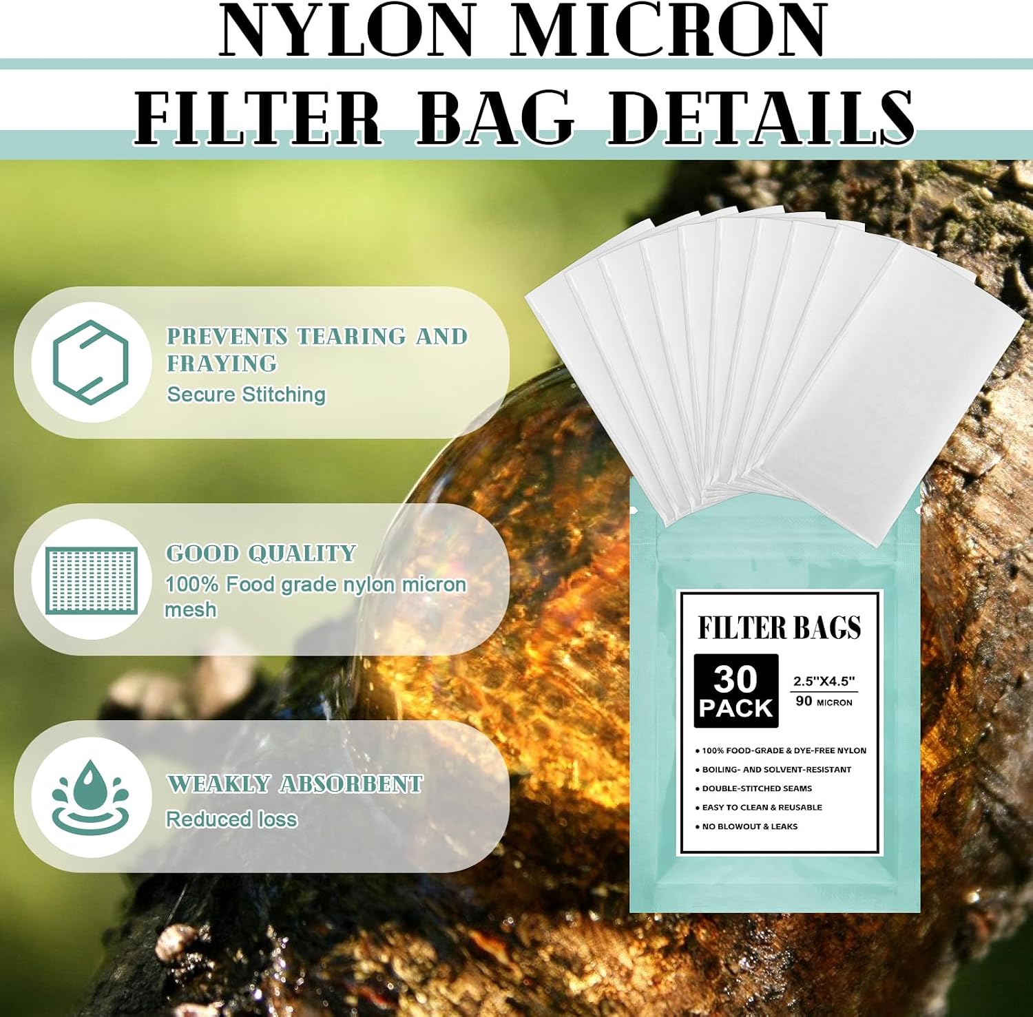90 Micron Rosin Press Bags - 30 Pack Premium Food Grade Nylon Filter Bags