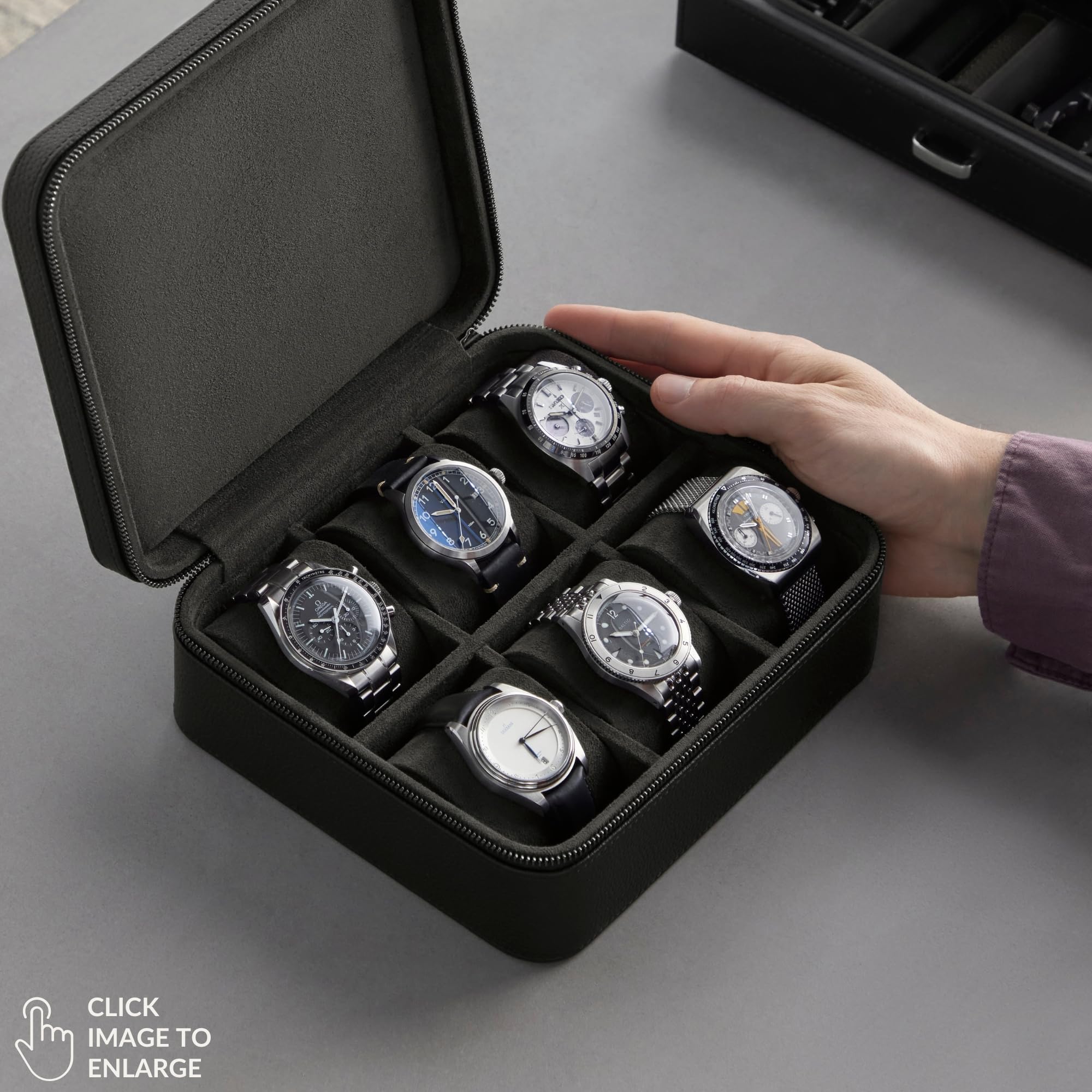 TAWBURY Boîte à Montre - Coffret en Cuir Véritable à 6 Compartiments en Grain Supérieur pour Homme & Femme avec Coussins Extra Larges pour Montres de Grande Taille - Rangement Portable pour Montre de