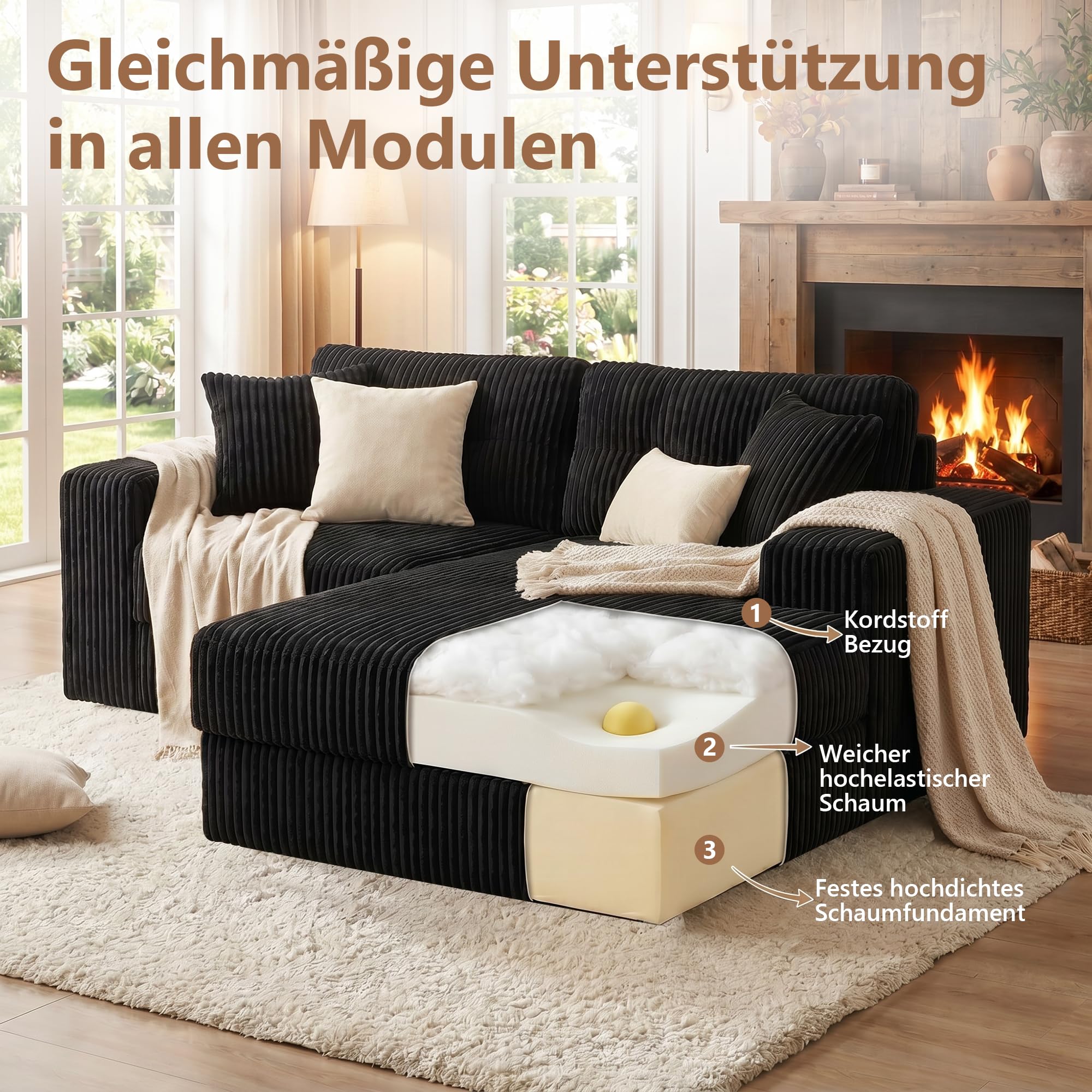 GRAVFORCE Modulares Schlafsofa 204cm L-Form Ecksofa mit Schlaffunktion