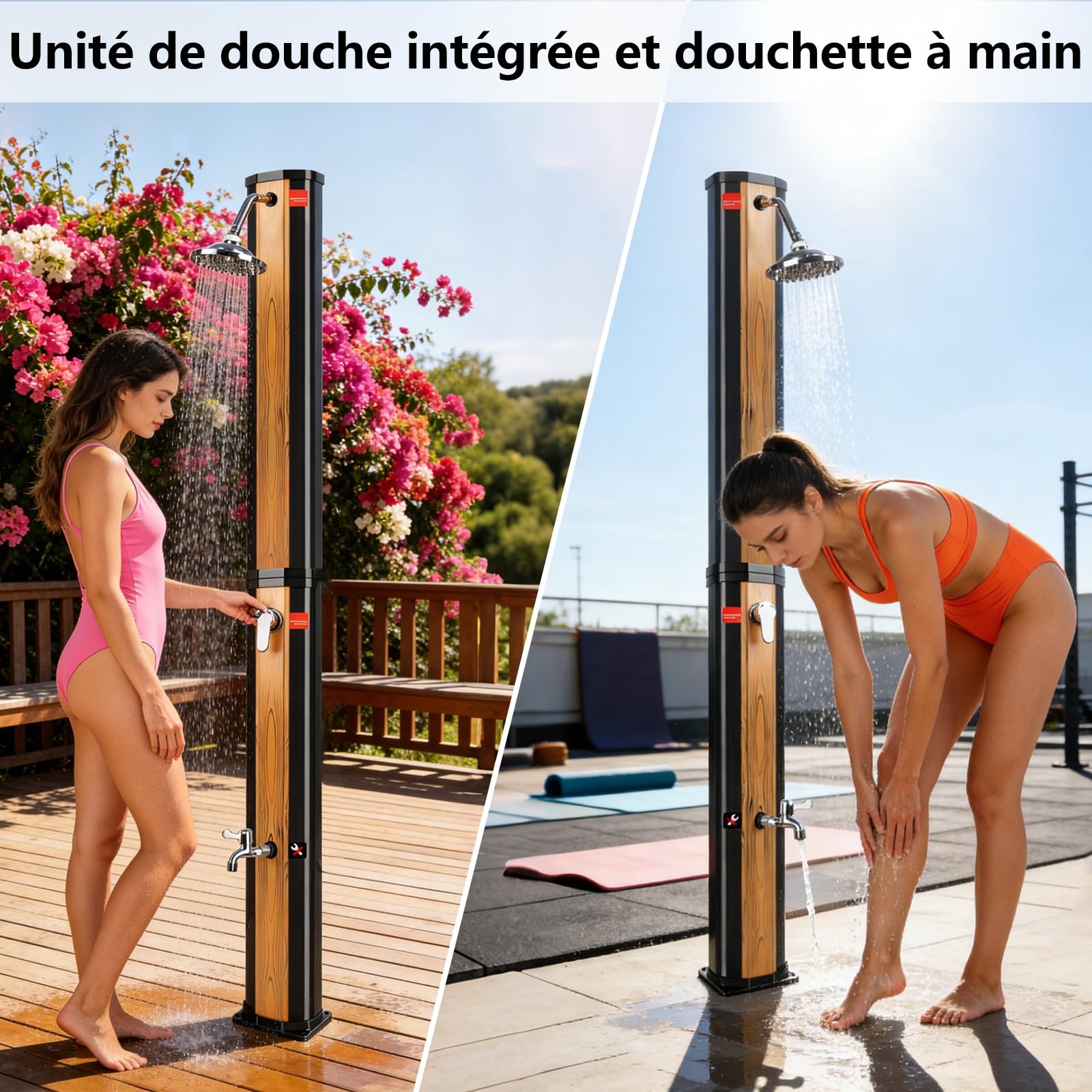 COOLWEST Douche Solaire de 40 Litres avec Fond en Plastique, Douche de Jardin Solaire avec Pommeau de Douche Pivotant à 360 ° et Douche à pied, Température Réglable Jusqu'à 60 °C, pour Jardin, Piscine