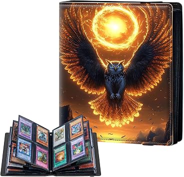 4 Pocket Trading Card Binder, Card Collection Book for MTG TCG Sports & Baseball, Owl with Fiery Halo Top Loader Holder Album for Collector