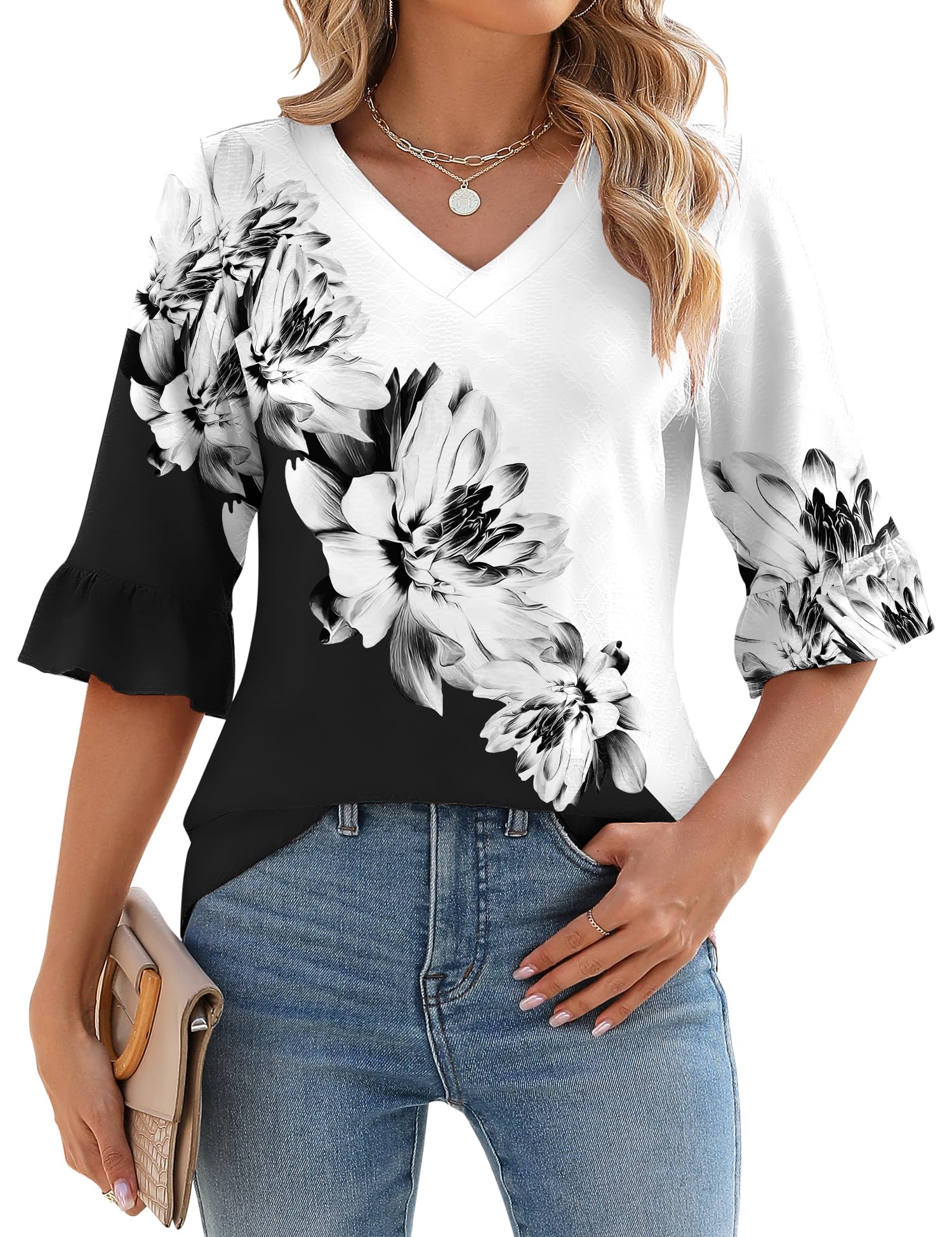 LOMON 3 4 Length Sleeve Womens Tops Summer V-Neck Blouses Spring Ruffle Sleeve Tunic T-Shirts Dressy Casual