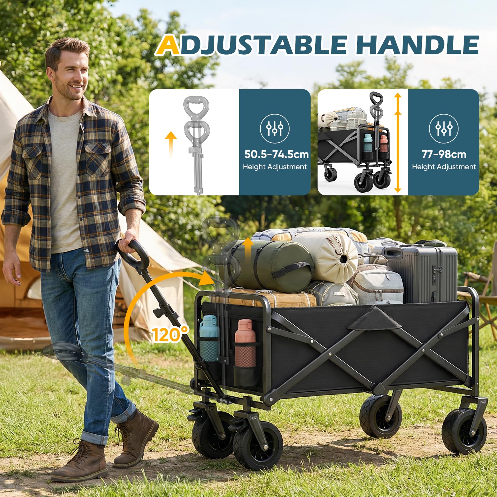 Carrello da giardino pieghevole da 100L con ruote larghe rimovibili, carrello da campeggio portatile, carrello pieghevole per spiaggia, giardino, picnic, shopping, pesca, manico regolabile, nero