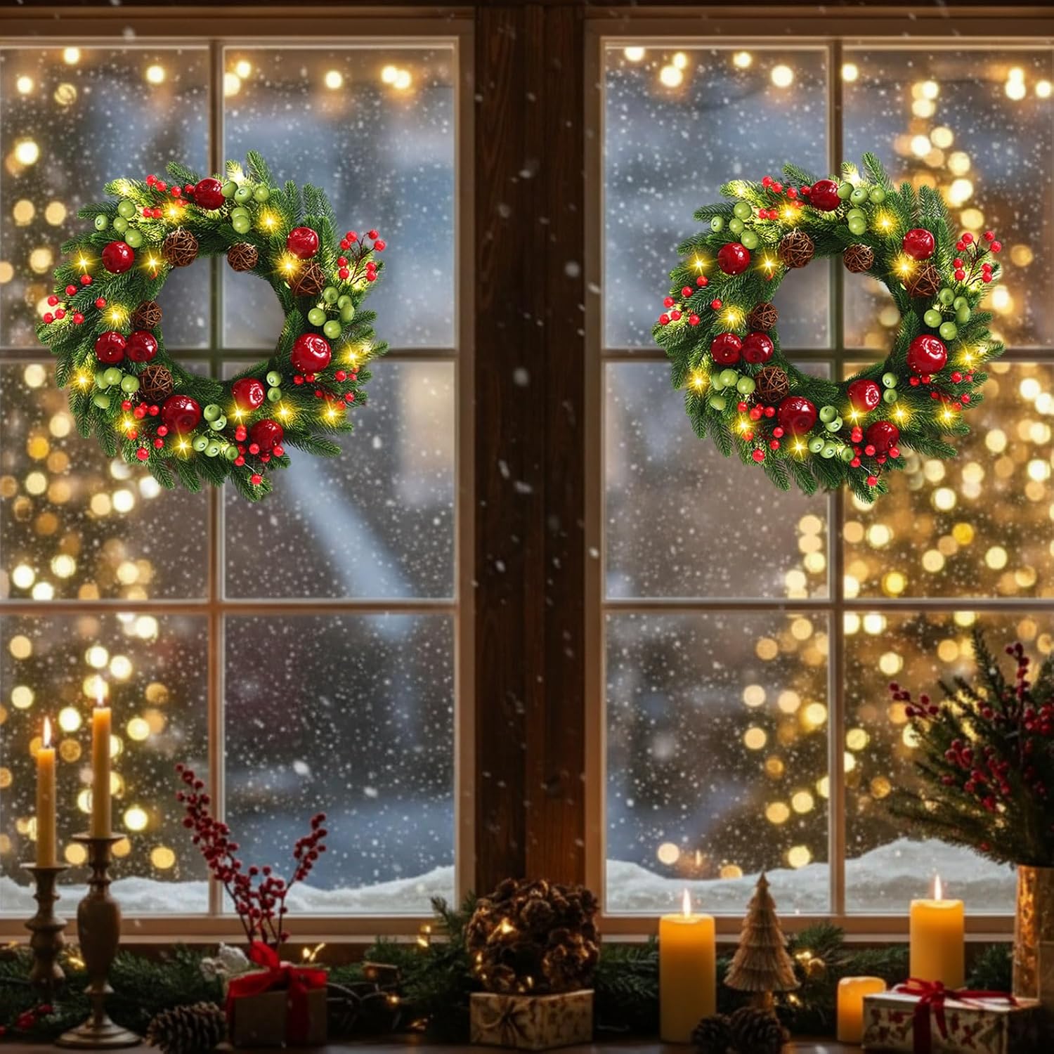 Yunlly 2 Pcs 20 Inch Pre Lit Christmas Wreaths Light up Christmas Norfolk Pine Outdoor Wreaths with Fruit Berries Rattan Balls Pine Needles for Indoor Outdoor Windows Porch Wall Decor