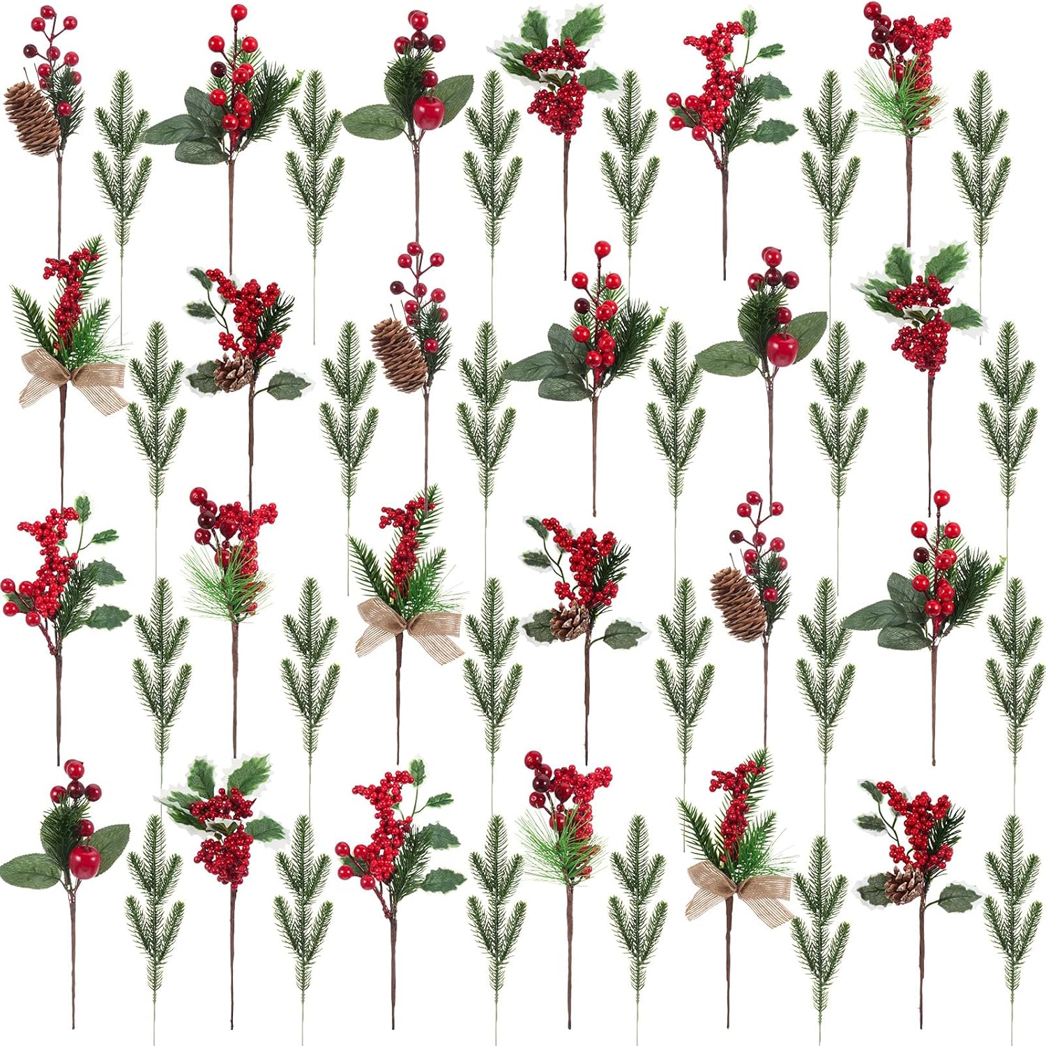 WILLBOND 48 Pack Artificial Christmas Tree Picks Include 24 Christmas Tree Cuttings with Assorted Red Berries, Holly Leaves, Pine Cones and 24 Artificial Pine Branches, Greenery Needles(Classic)