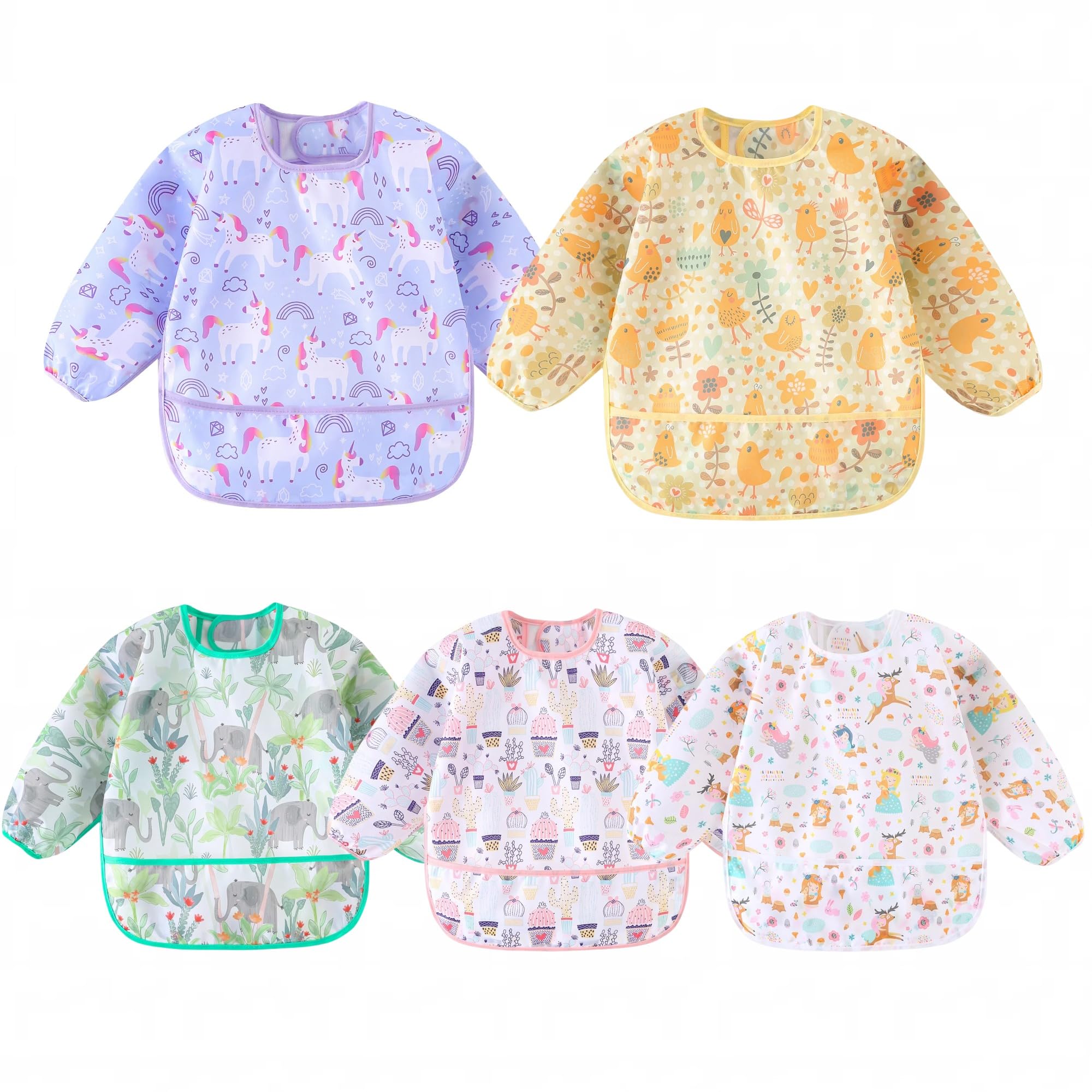 Yunguui 5 Stück Lätzchen Baby mit Ärmel,Wasserdicht Abwaschbar Ganzkörper Lätzchen Ärmellätzchen Baby Lätzchen für 5-30 Monaten