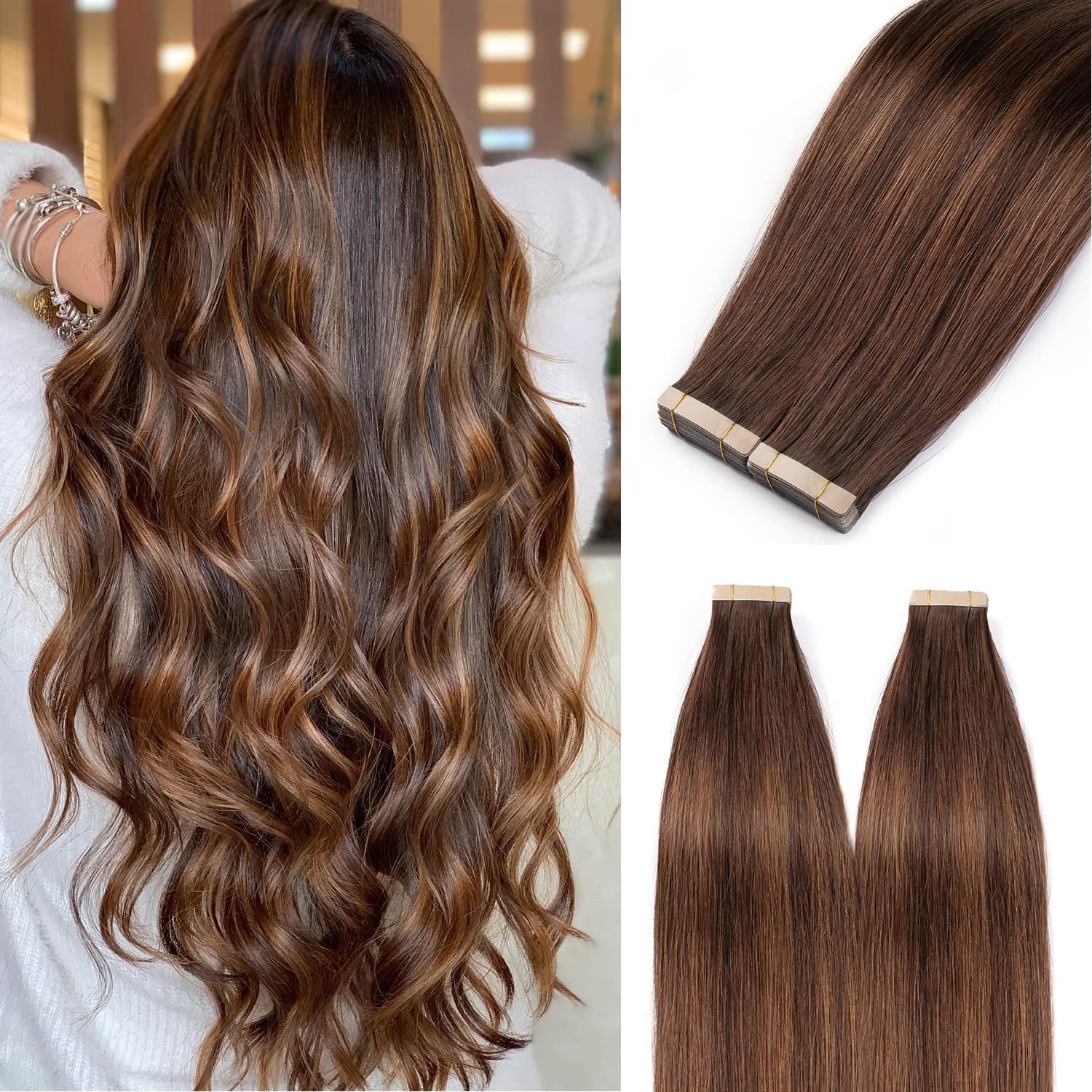 Hotlulana Extension Capelli Veri Biadesivo Marrone Scuro Con Castano(#2/2/6) Extension Capelli Veri 18Pollici 40pcs 45cm 80g Extension Biadesive Capelli Veri Invisible Skin Weft Tape in Extensions.