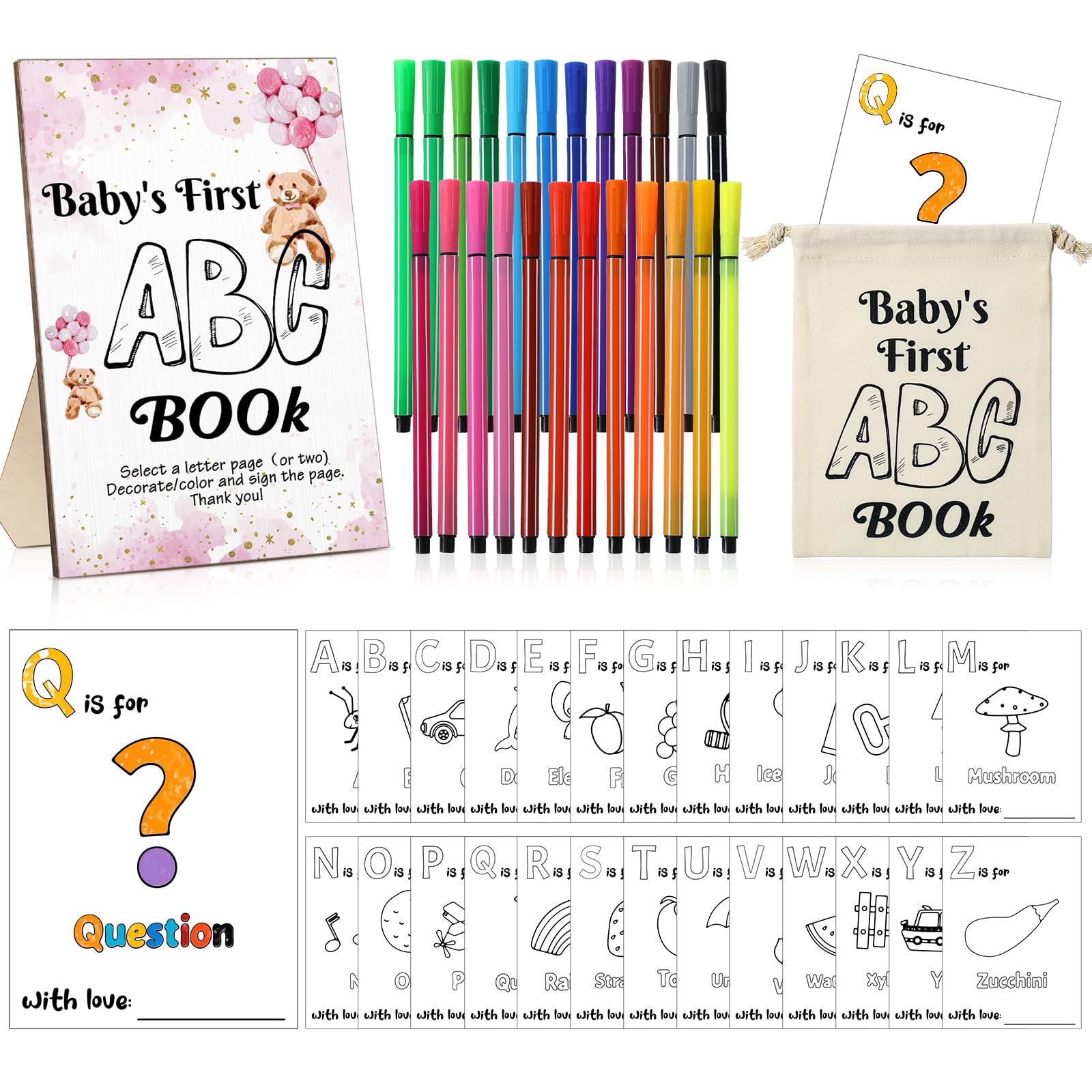 Geelin 51 Pcs Fun Baby Shower Coloring Kit First Abc Book Sign Guest Book Alternative 26 Alphabet a to Z Coloring Card with 24 Watercolor Storage Bag