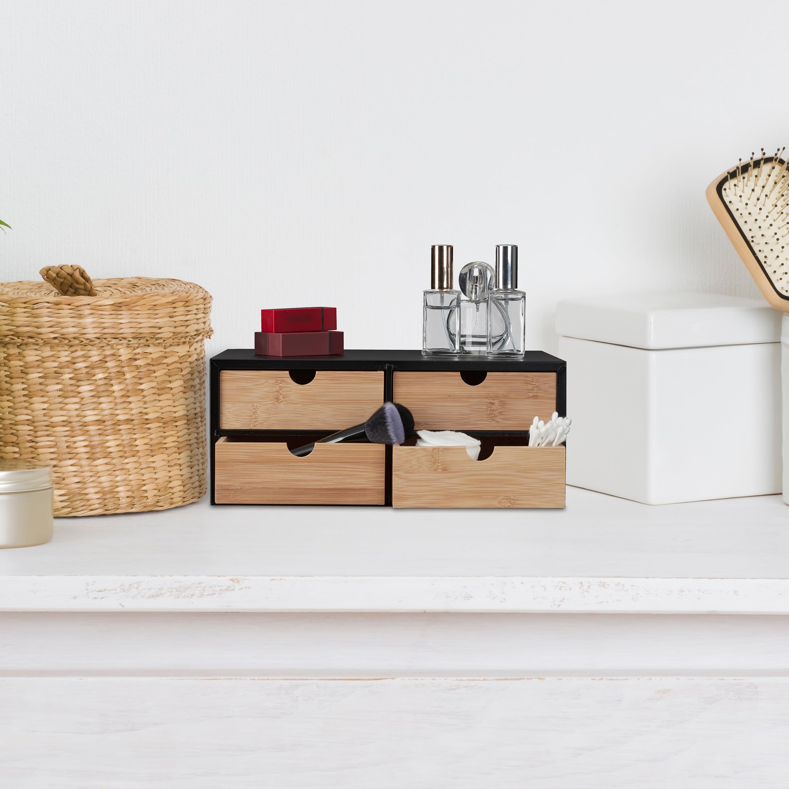 Relaxdays Organisateur Bureau, 4 tiroirs, Bambou & MDF, Rangement pour Fournitures, HxLxP : 13,5x33x21 cm, Nature - Noir