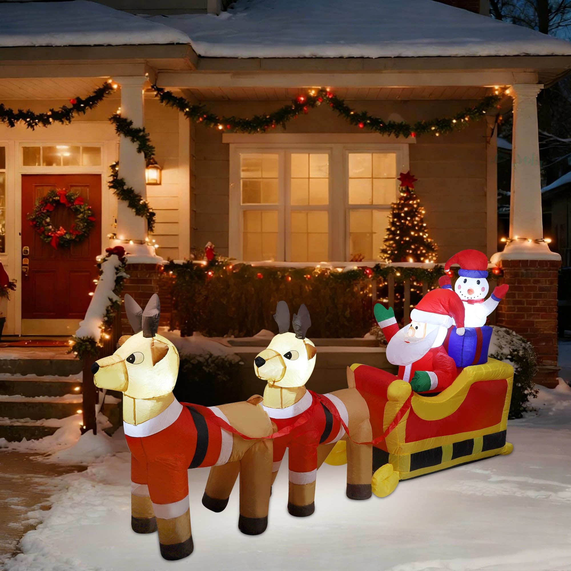 Cllayees Papá Noel inflable de Navidad y muñeco de nieve en trineo con renos, decoraciones de patio inflables de Navidad con luces LED integradas, perfecto para puerta delantera, jardín, césped,
