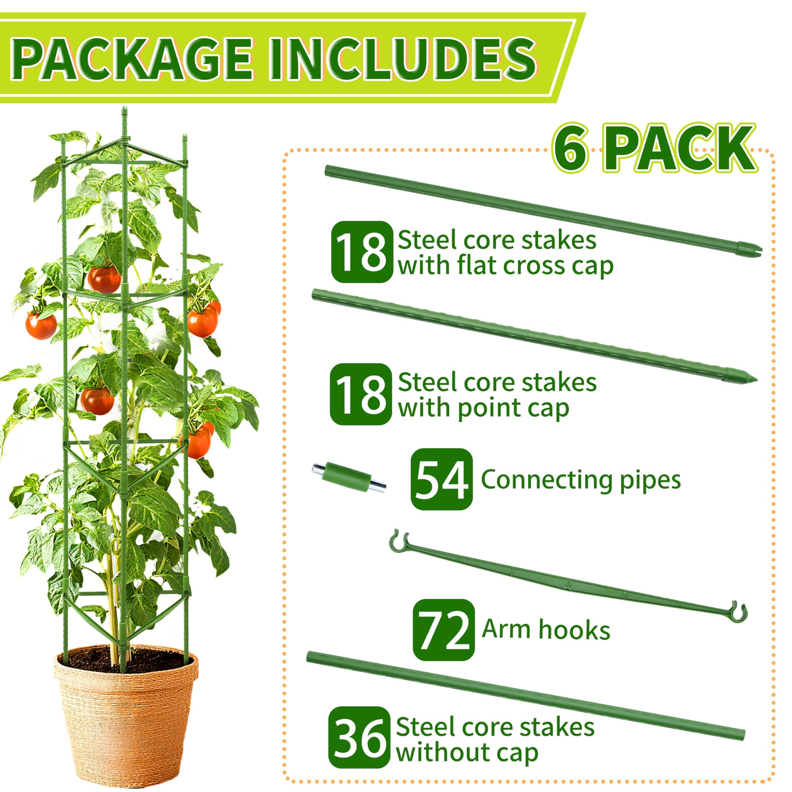 Gabbie per pomodori resistenti da 150 cm, confezione da 6 graticci in metallo extra alto, gabbia per piante in tubo di acciaio per pomodori, cetrioli e fagioli polari, rivestimento