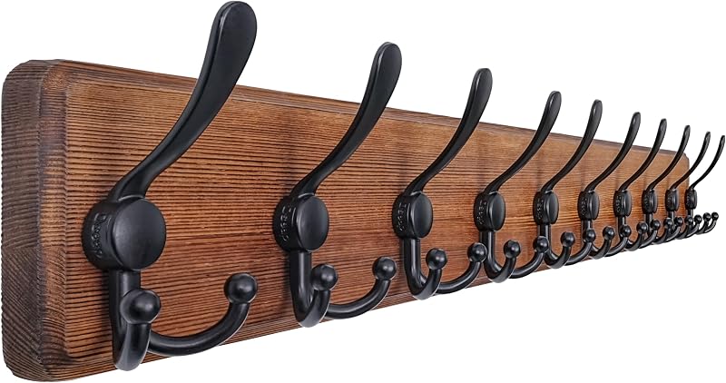 Coat Rack Wall - Heavy-Duty 38-1/4" Long, with Reinforced 10 Custom Tri-Hooks, Solid Wood Wall Hanger for Coats Hat Jackets - Rural Farmhouse Entryway Hallway Storage, Natural & Black