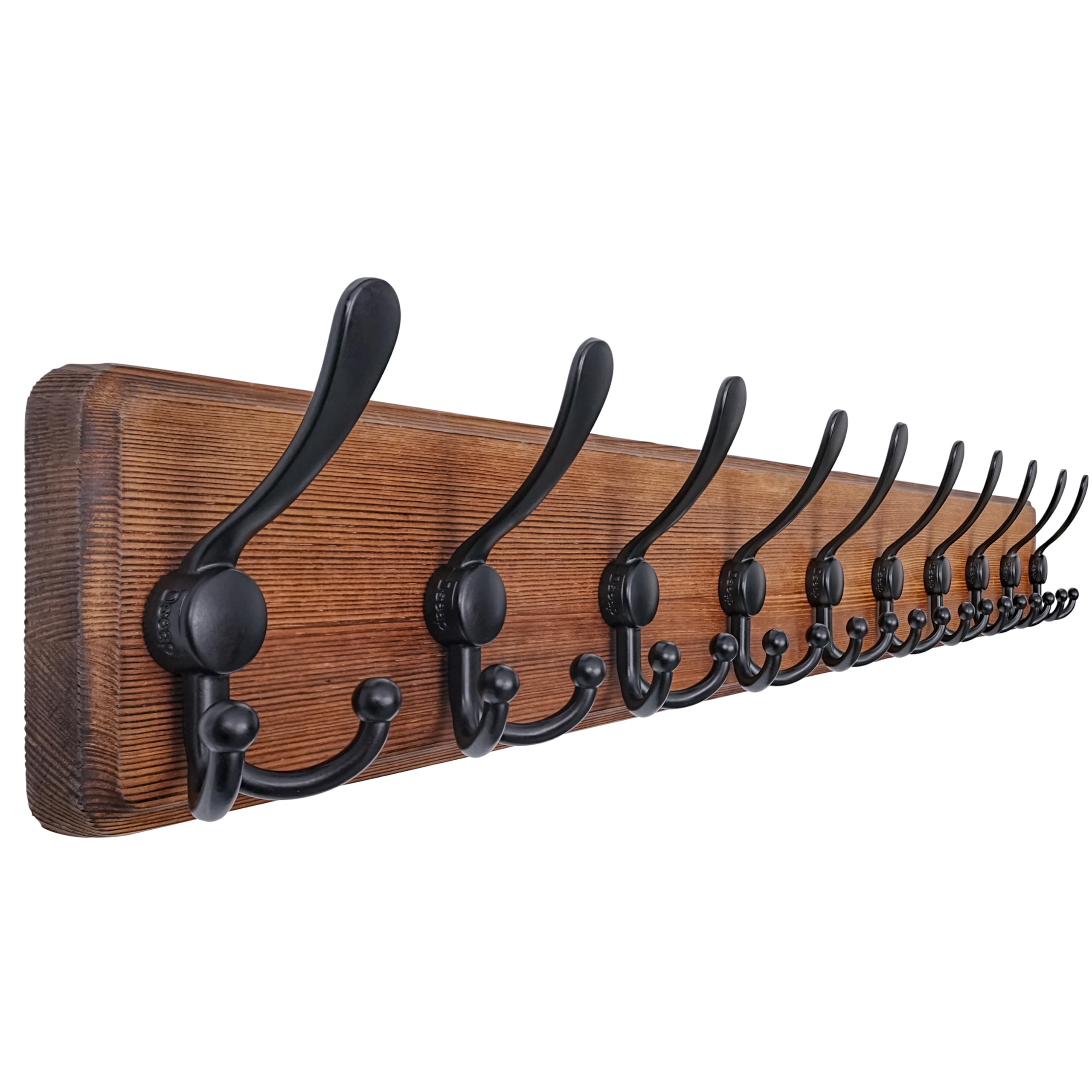 Dseap Natural & Black Coat Rack Wall - Heavy-Duty 97Cm Long, With Reinforced 10 Custom Tri-Hooks, Solid Wood Wall Hanger For Coats Hat Jackets - Rustic Farmhouse Entryway Hallway Storage,