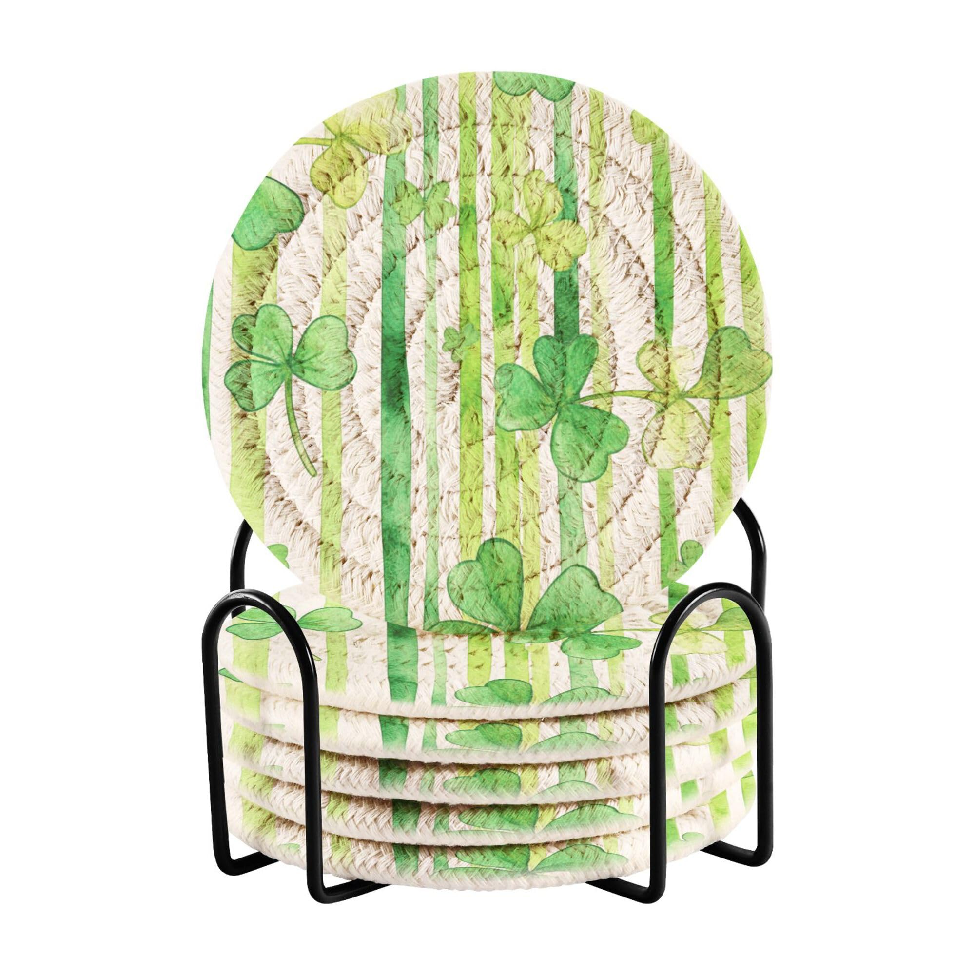 St.Patrick Green Shamrocks Cotton Rope Coasters Absorbant Set with Holder 6 Pack Cotton Coasters Absorbent
