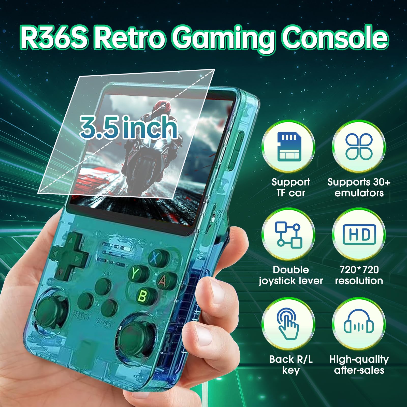 Febotak R36S - Console da gioco retrò portatile con schermo IPS da 3,5", 128 GB di memoria, oltre 40.000 giochi, basato su LINXU Open Source ARKOS, batteria da 3500 mAh (Macaron verde trasparente)