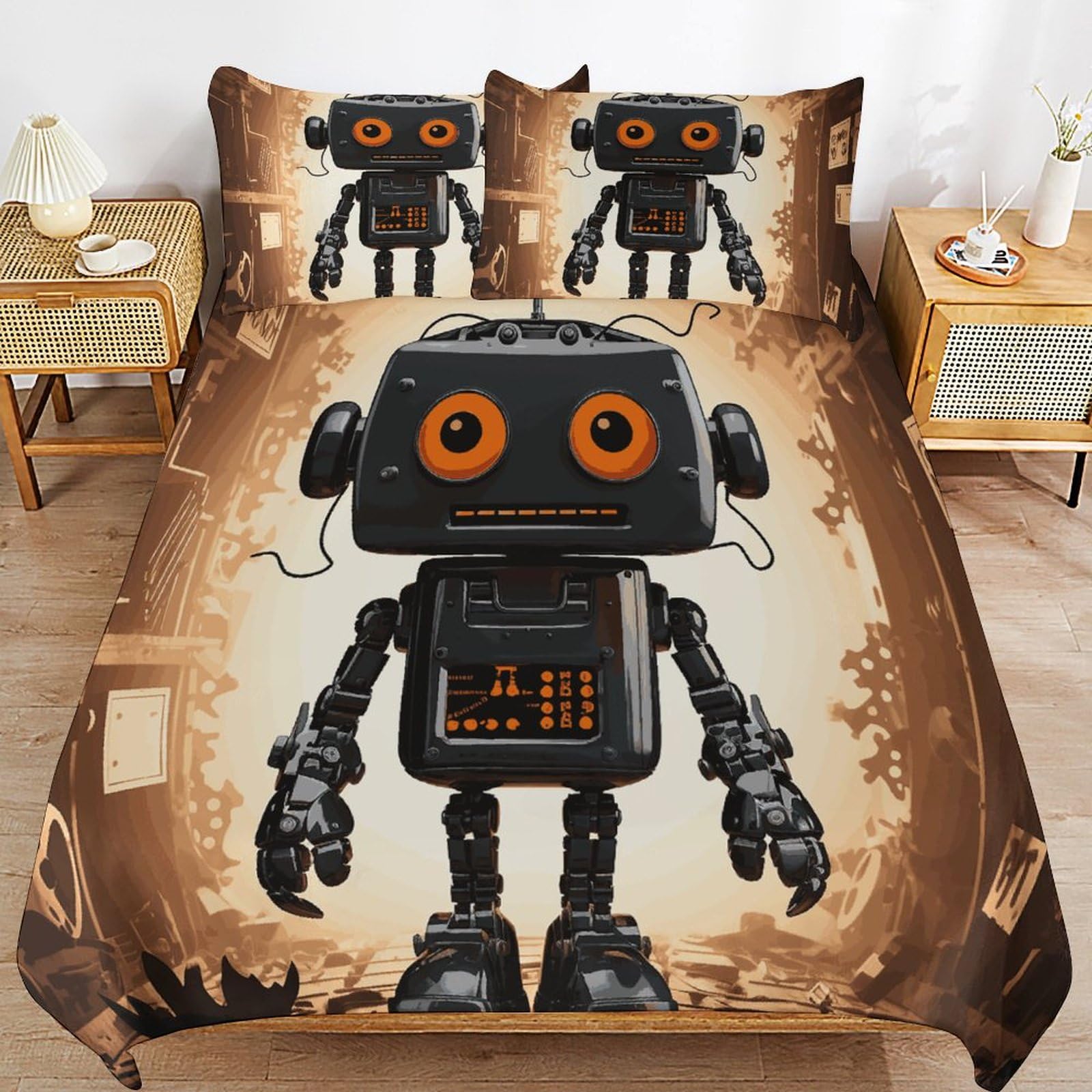 Parure de lit robot noir pour couette 200x230 cm avec 2 taies d'oreiller