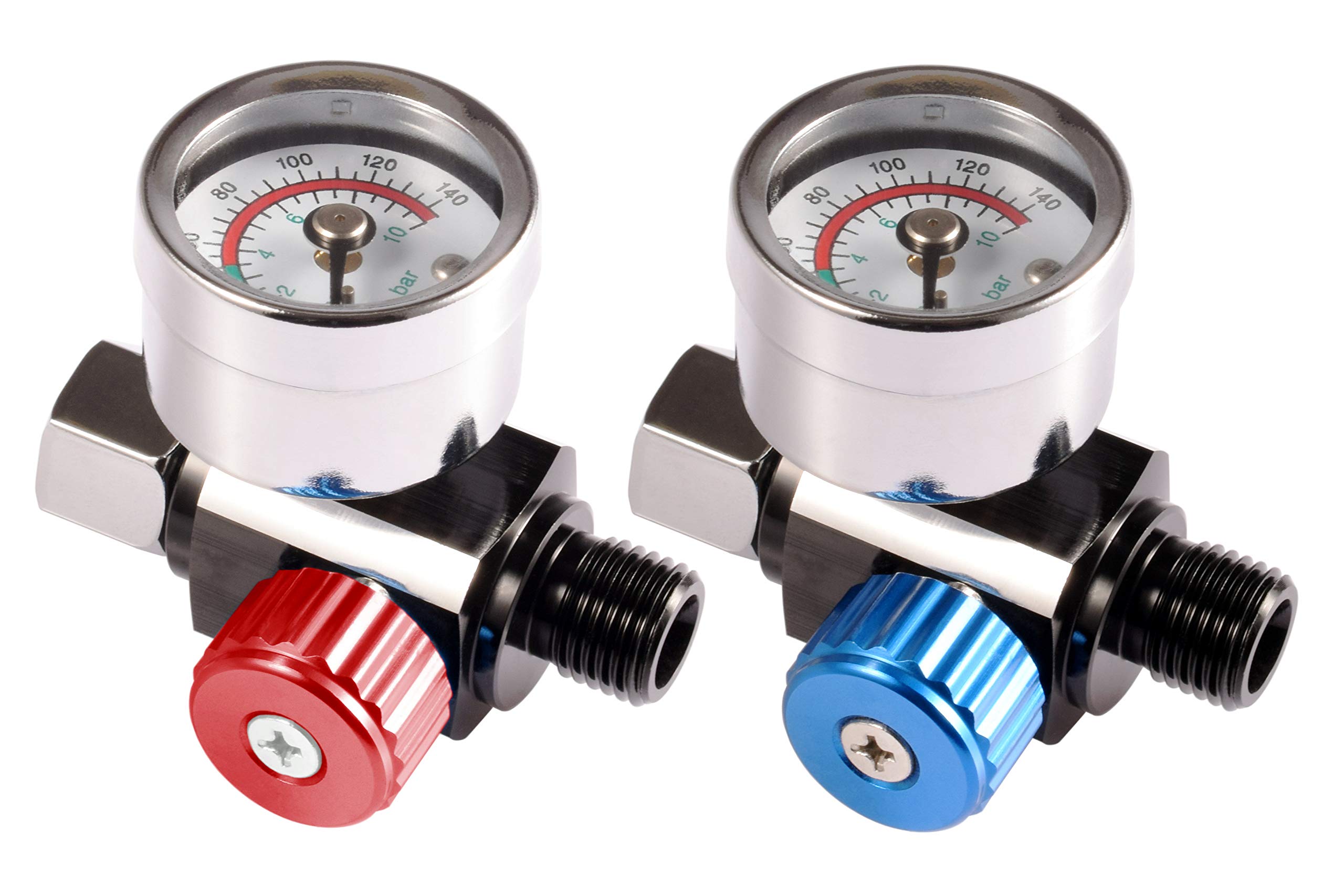 Dynastus 2 PCS 1/4"-NPT Air Pressure Regulator Kit, Red & Blue, Air Adjusting Valve Regulator with Gauge for Spray Guns and Pnuematic Tools