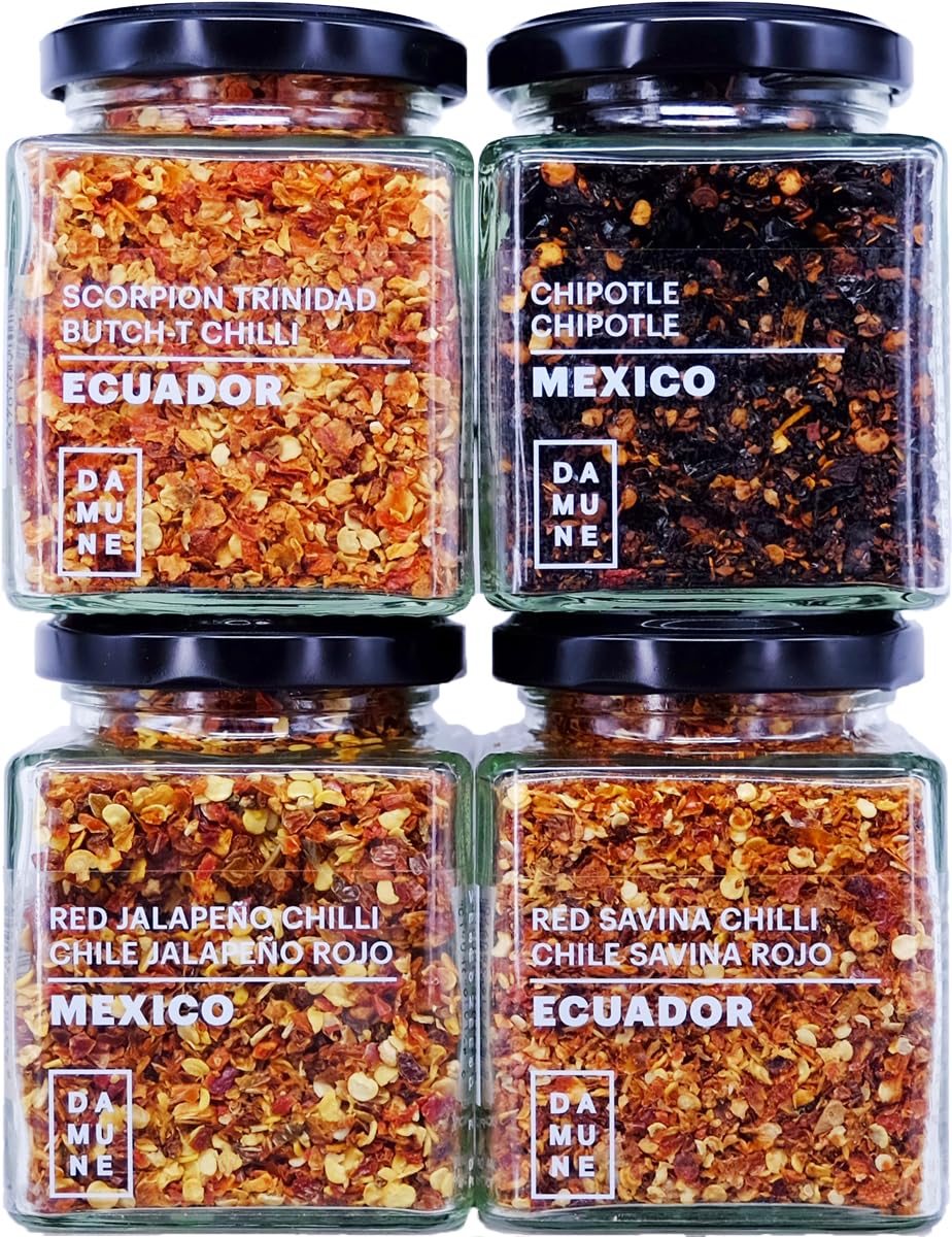 DAMUNE Chiles en Escamas: Jalapeño Rojo Escamas - 80 g, Chipotle Escamas - 80 g, Habanero Red Savina Escamas - 50 g y Habanero Scoprion Trinidad Escamasn - 60 g