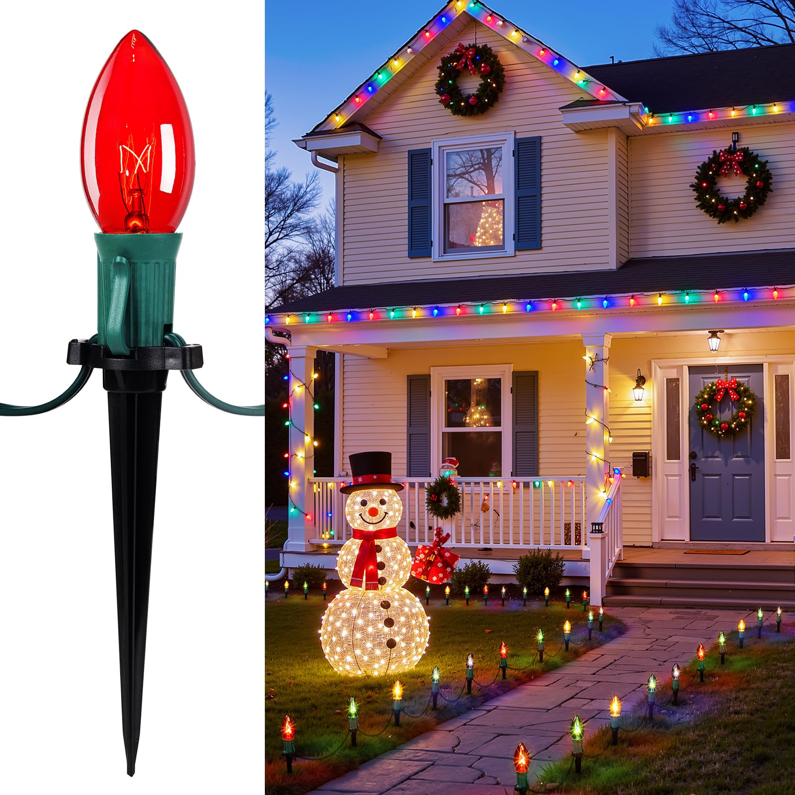 Christmas Pathway Lights Outdoor, 25.7 Feet C9 Lights with 20 Multicolor Bulbs and Stakes, Connectable Outdoor Christmas Decorations Outside Yard Walkway Sidewalk Holiday