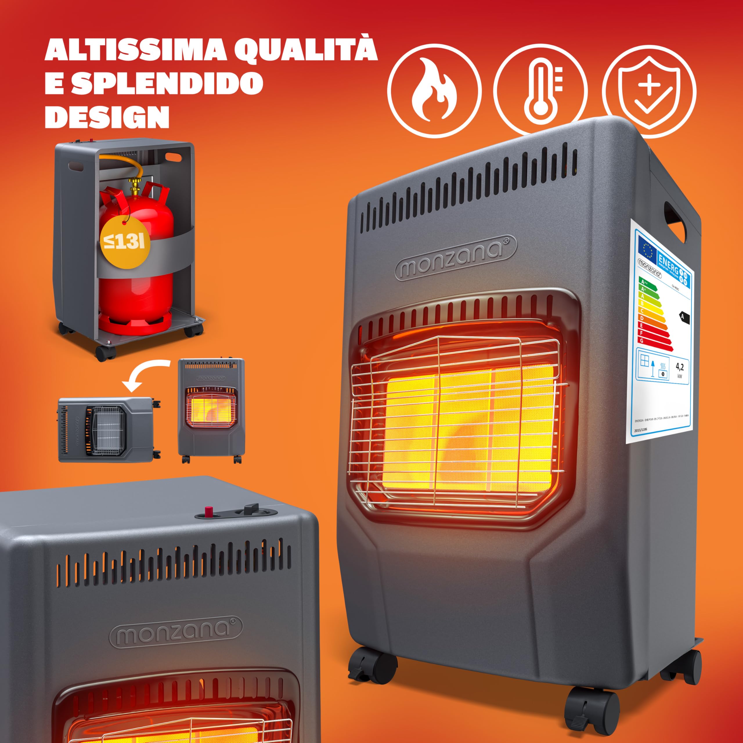 MONZANA® Stufa a Gas GH4500 Riscaldatore per Interni 4200 W 3 Impostazioni Accensione Piezoelettrica Antiribaltamento