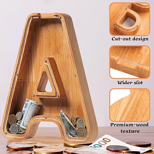 Miniatura 283 de Alcancía para niños y niñas, alcancía grande de madera personalizada con diseño recortado, bancos de monedas con letras del alfabeto, caja de ahorro