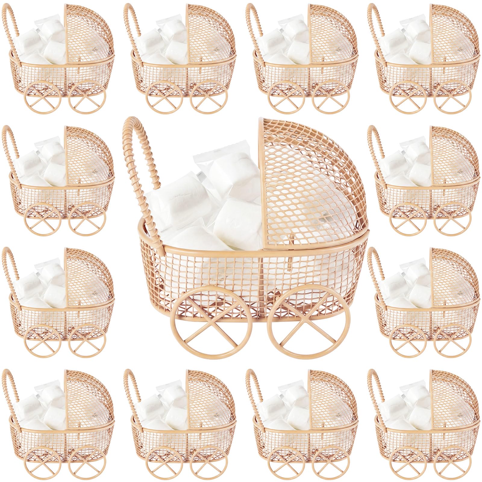 Threehoney 12 Pcs Baby Shower Mini Carriage Decoration Brown Bear Color Metal Wired Fillable Candy Stroller Baby Shower Table Centerpiece for Guest Gender Reveal Wedding Party Favor Gift