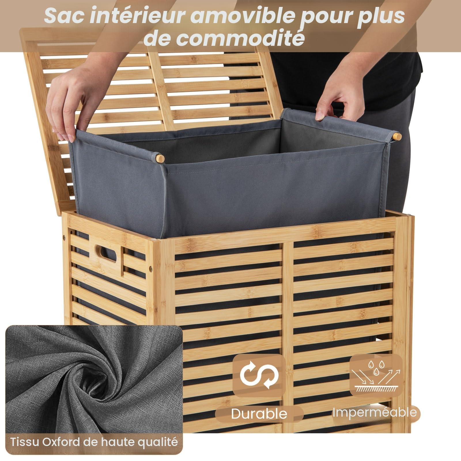 LIFEZEAL Panier à Linge avec Couvercle en Bambou 80 L, Corbeille à Linge Sale avec Sac en Tissu Amovible et Lavable, 50 x 35 x 62 cm, Naturel