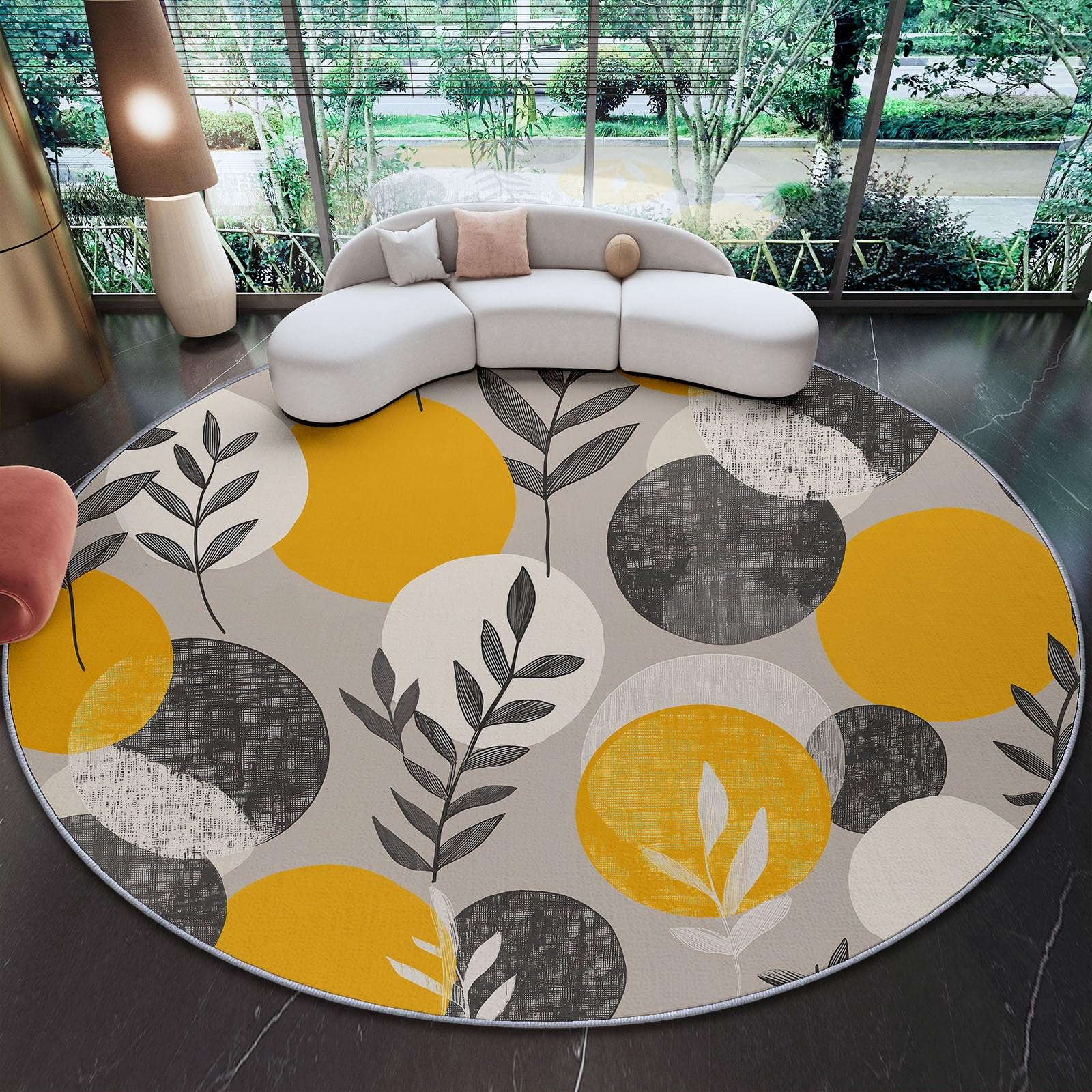 Grau Runder Teppiche Wohnzimmer 100 cm, Waschbar & Rutschfester Weicher Kurzflor Teppich Schlafzimme, Minimalistisch Kreis Geometrisch Pflanze Blatt Teppich Rund für Kinderzimmer, Esszimmer, Büro