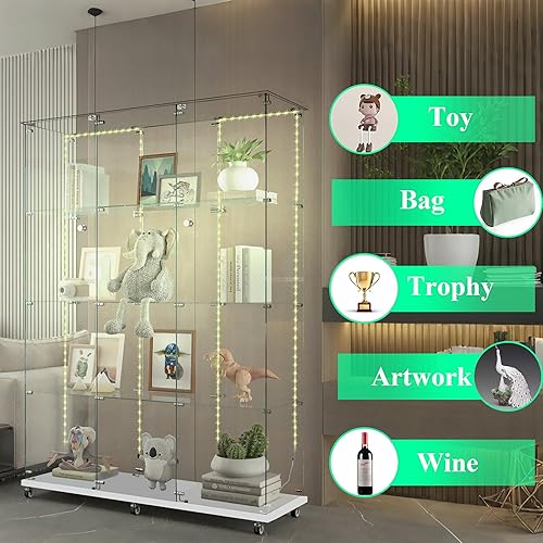 Miniatura 41 de Vitrina de cristal con 4 estantes con tira de luces LED y cerradura, vitrina de vitrina con ruedas y 1 puerta, vitrina de vidrio templado para sala