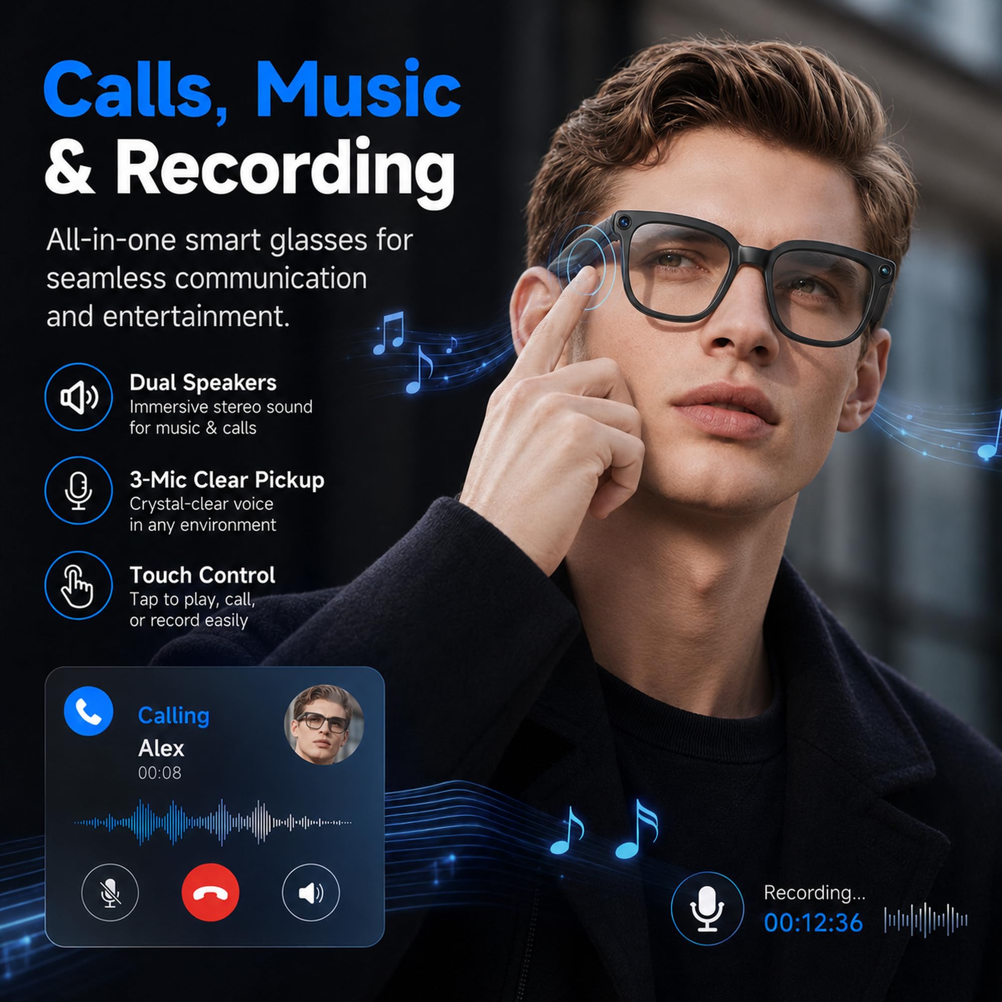 Occhiali Intelligenti con AI e Bluetooth, Occhiali con Telecamera 8 MP, WiFi, Telefono, Traduzione in Tempo Reale, Riconoscimento Degli Oggetti, Smart Glasses con Fotocamera e Video, Audio, Musica
