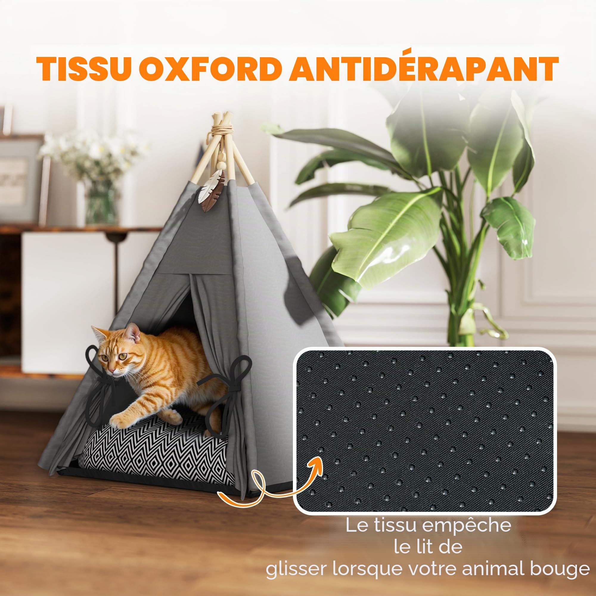 PawHut Tipi Tente pour Chats jusqu'à 5kg 60x60x76cm Gris | Tente chat avec coussin amovible lavable, fond antidérapant, balle, pour mini chiens