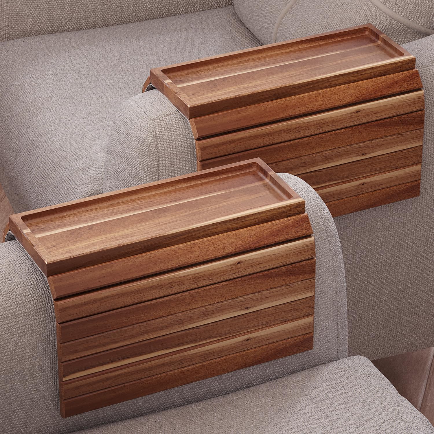 Danfoxer 2pc Acacia Wood Sofa Arm Tray,Foldable Anti‑Slip Pad Multi‑Use