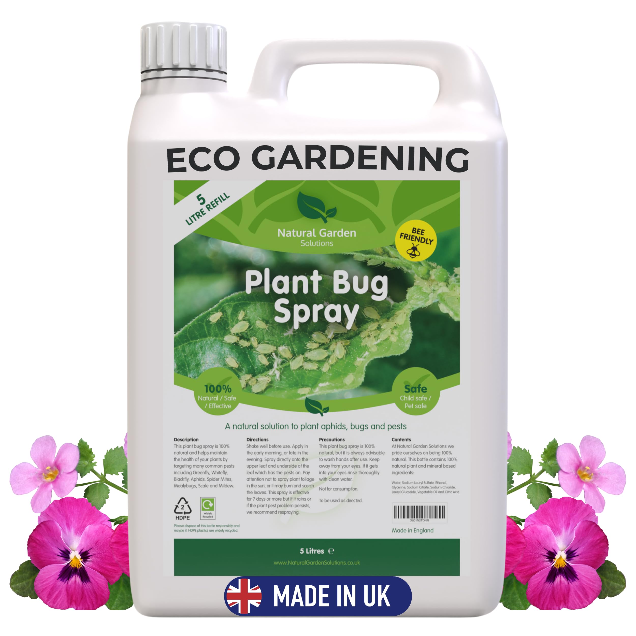 Organic Eco Plant Bug Spray Big Value 5L Refill Bee Friendly Flowers Fruit Vegetables Pest Control Greenfly Blackfly Aphids Spider Mites Mealybugs Scale Mildew Indoors Outdoors Gardening