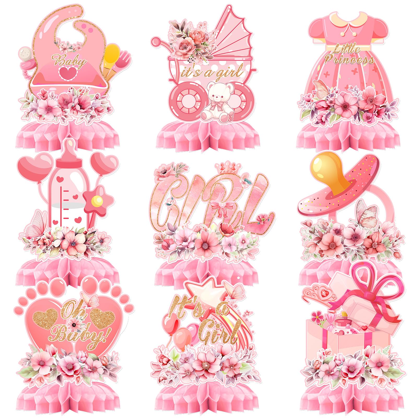9Pcs Pink Baby Shower Decorations, Honeycomb Baby Girl Shower Centrepieces Floral Honeycomb Table Decorations Girl Pregnancy Announcement Table Decorations Gender Reveal Party Supplies