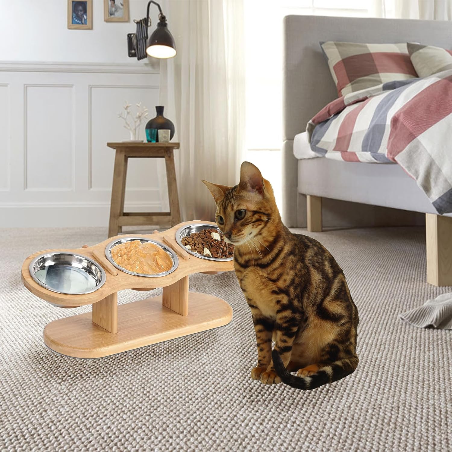 Elevated Cat Food Bowl, Raised Dog Feeding Stand with 5 Stainless Steel Bowls, 15 Tilted Design to Prevent Illness, Bamboo Material, Easy Installation