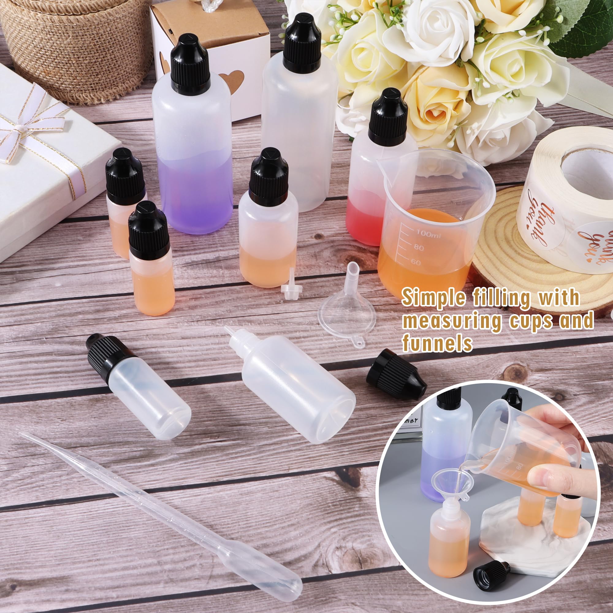 YiliYa 20 Pezzi Contagocce Bottiglie,10ml/30ml/50ml/100ml Flaconi Vuoti Plastica Squeezable Liquidi con Imbuto Contagocce et Etichetta