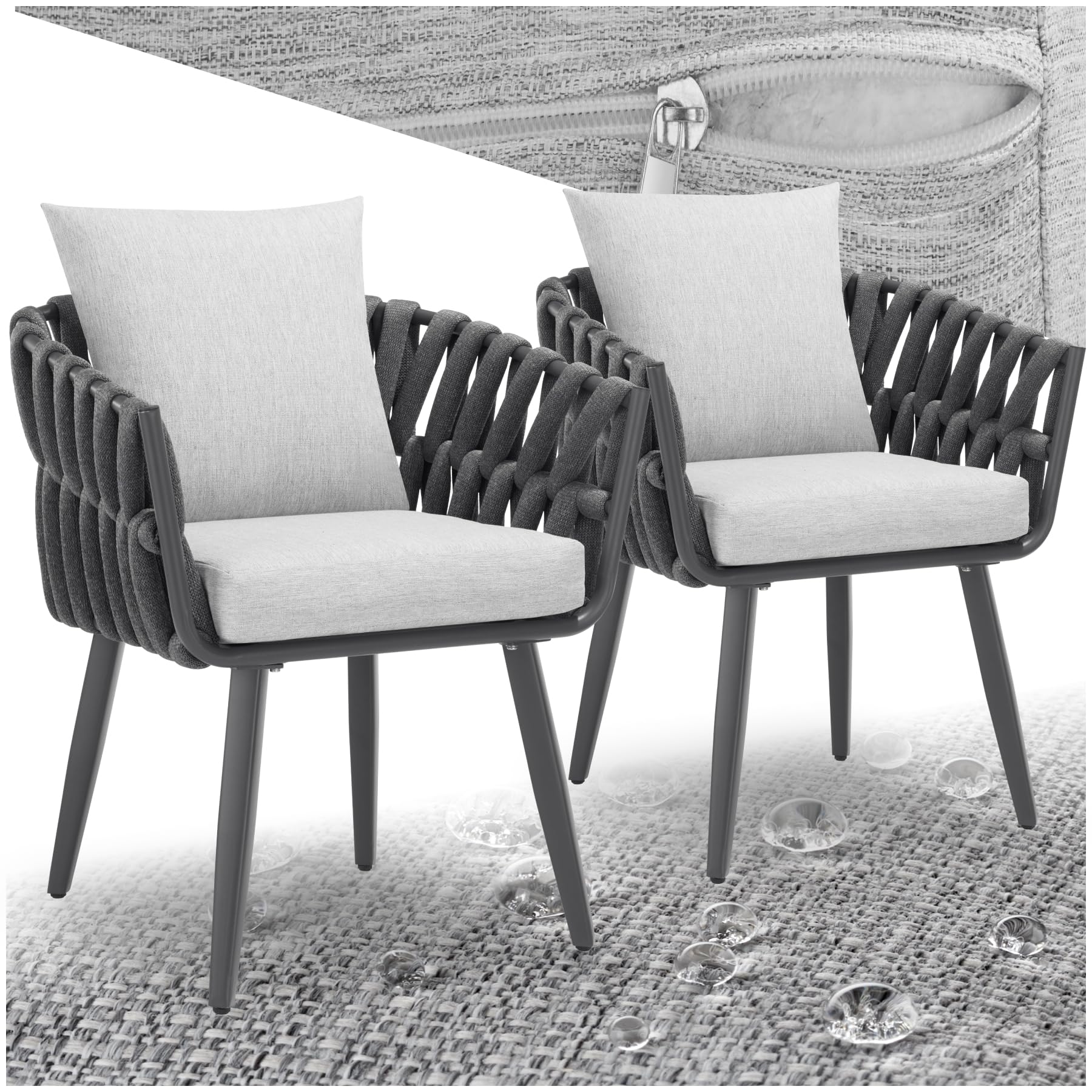 TecTake® Set 2X Sillas de Jardín con Diseño de Cuerda, Sillas de Terraza en Aluminio, Cojín en Asiento y Respaldo, Fundas Extraíbles y Repelentes al Agua, Patas Ajustables, Resistentes a Intemperie