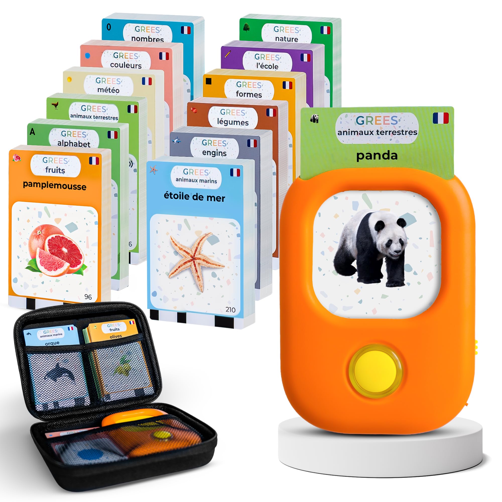 GREES Jouet Éducatif Montessori – Lecteur de Cartes Parlantes Français 258 Mots + Sacoche de Rangement | Jeu sans Écran Enfant 2-6 Ans | Flashcards Lettres Chiffres Animaux | Cadeau Fille Garçon
