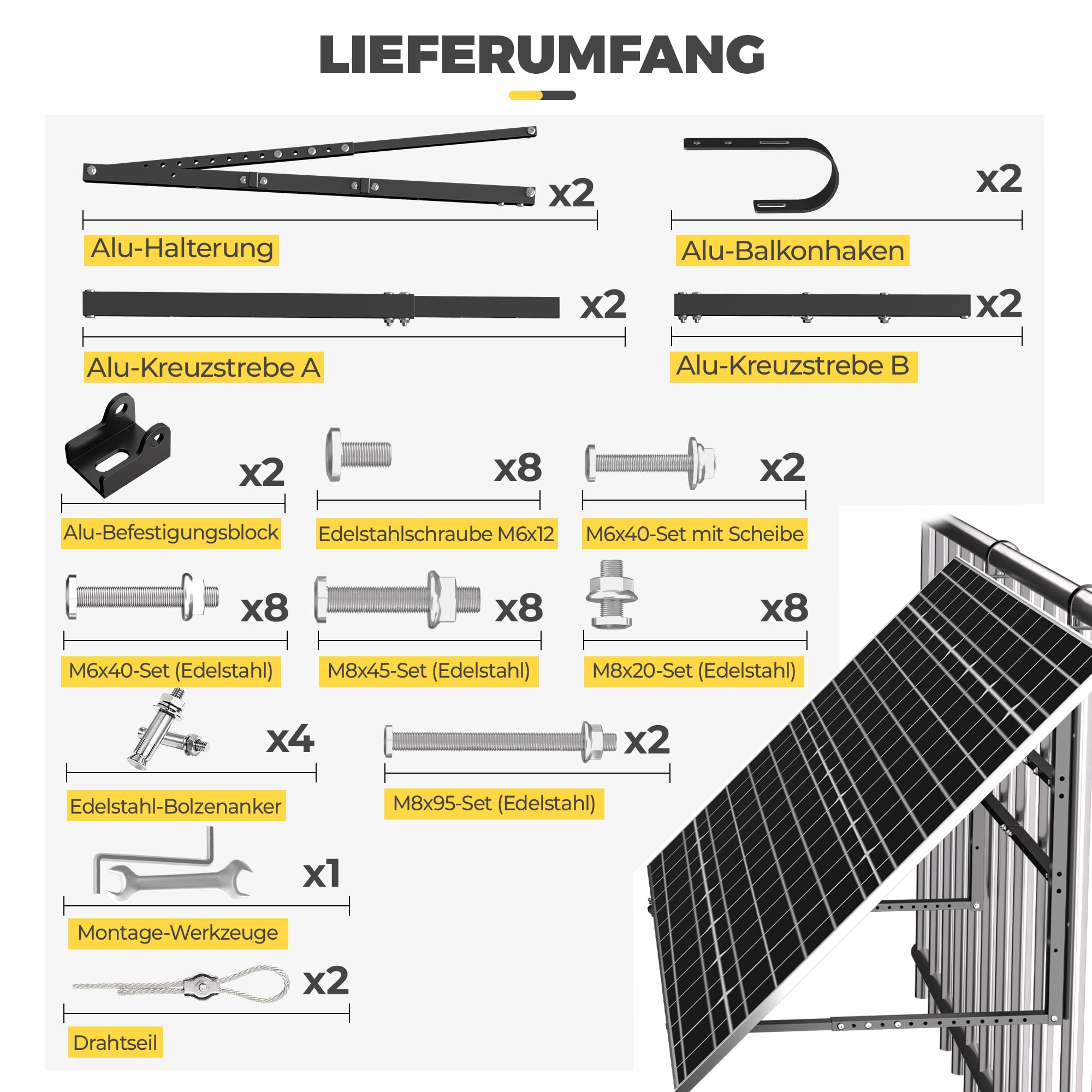 GLIESE Balkonkraftwerk Halterung für 400W-550W Solarmodule - 15°-45° verstellbar aus stabilem Aluminium, inkl. Haken für rundes Geländer - Für Balkon, Flachdach, Wand (Schwarz)