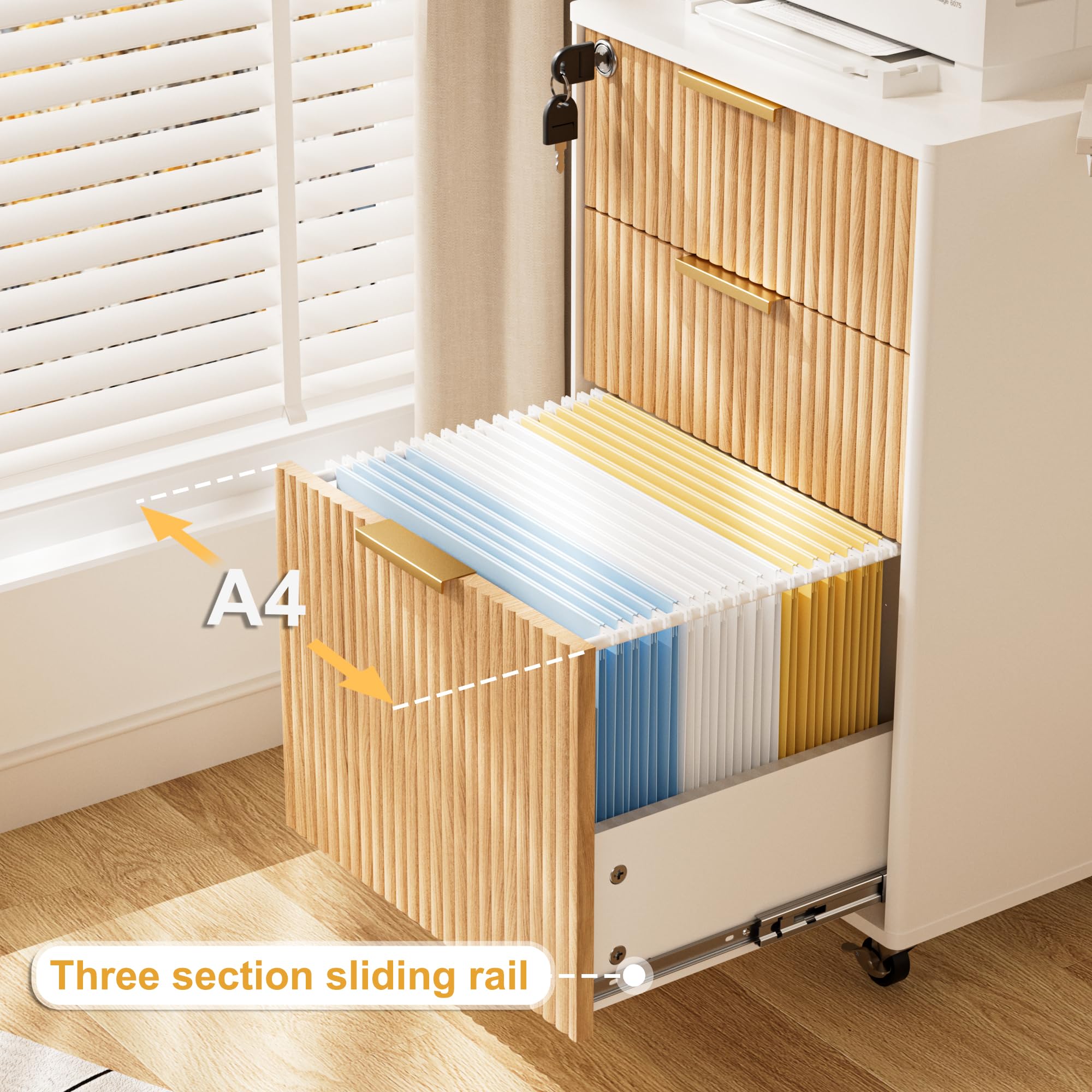 3 Drawer Mobile File Cabinet with Lock, Rolling File Cabinet, Under Desk Wooden Filing Cabinets for Home Office