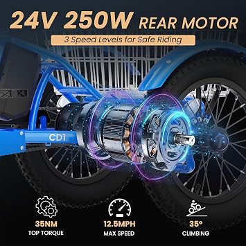 MOONCOOL 16 Inch Electric Tricycle, Youth Electric Trike, 250W 3 Wheel Bike | Up to 40 Miles with Pedal Assist, 16x3.0 Fat Tires, 24V 10.4Ah Removable Battery, Aluminum Frame, Disc Brakes, Rear Basket