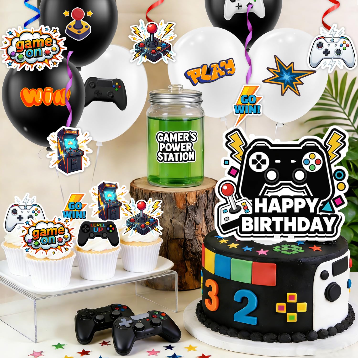 Forniture per Feste per Videogiochi,111 Pezzi Videogiochi Set di Decorazioni Stoviglie Piatti Compleanno Tovaglioli Tovaglia Palloncini Banner etc Decorazione Festa a Tema di Videogiochi